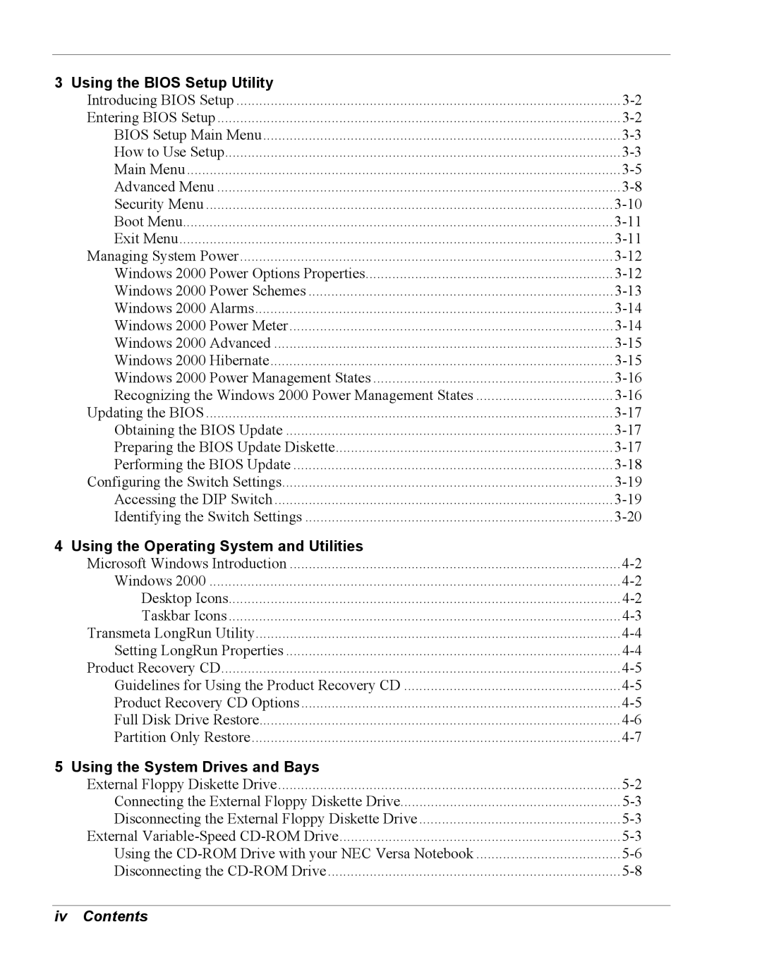 NEC Versa Series manual Iv Contents 