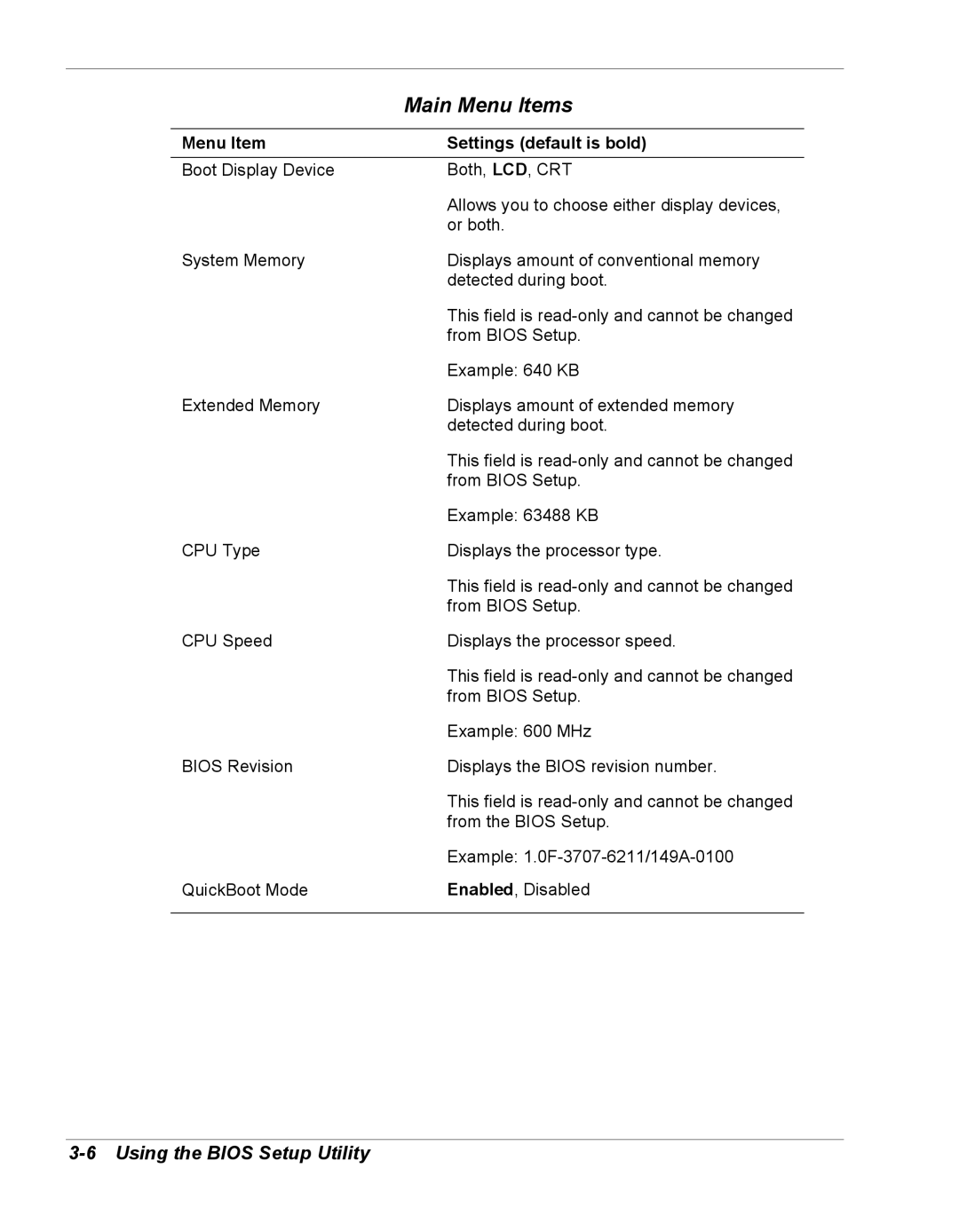 NEC Versa Series manual Main Menu Items 