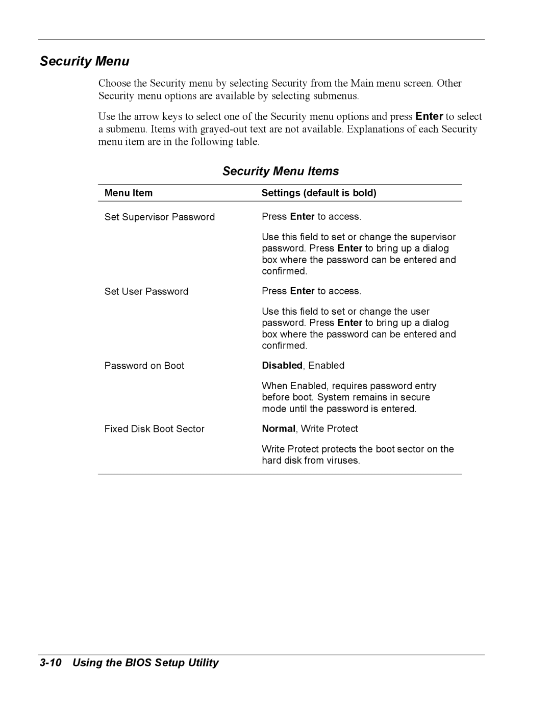 NEC Versa Series manual Security Menu Items 