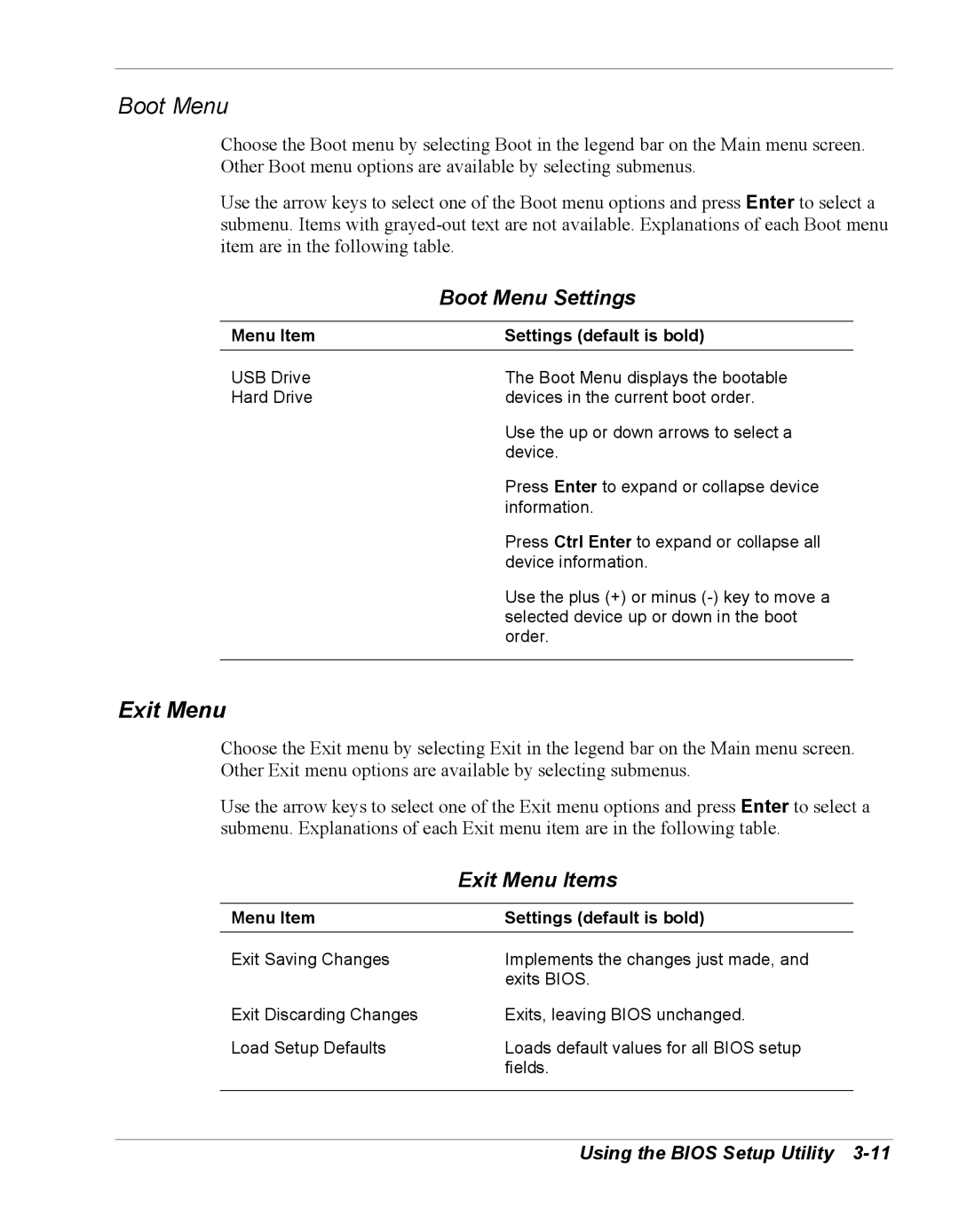 NEC Versa Series manual Boot Menu Settings, Exit Menu Items 