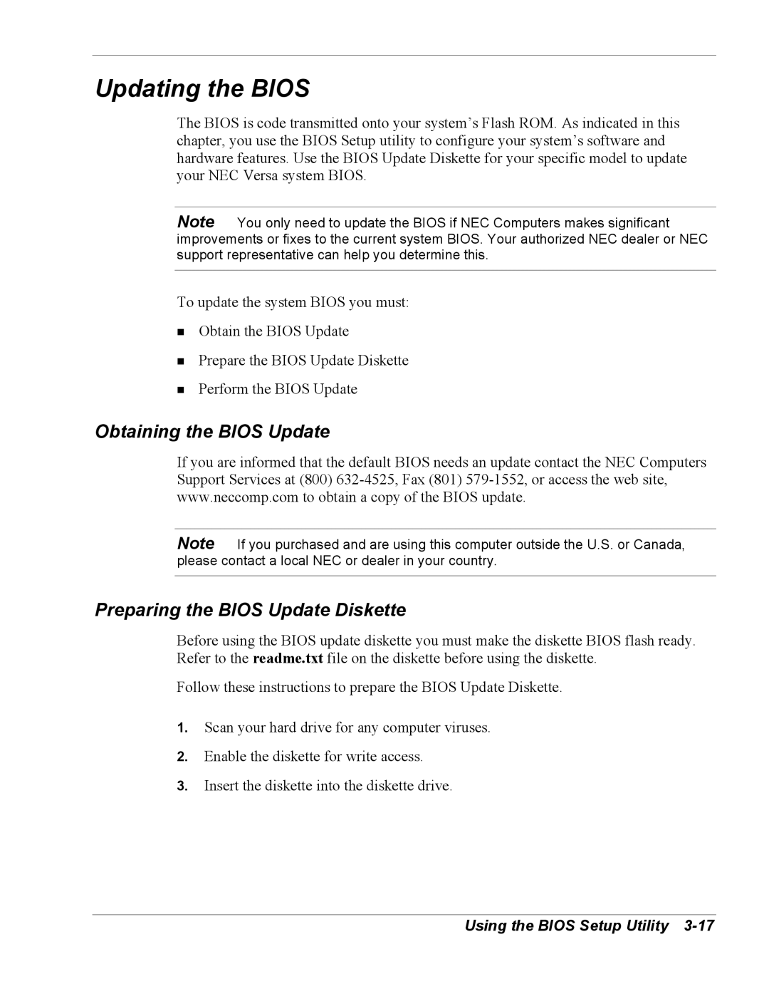 NEC Versa Series manual Updating the Bios, Obtaining the Bios Update Preparing the Bios Update Diskette 