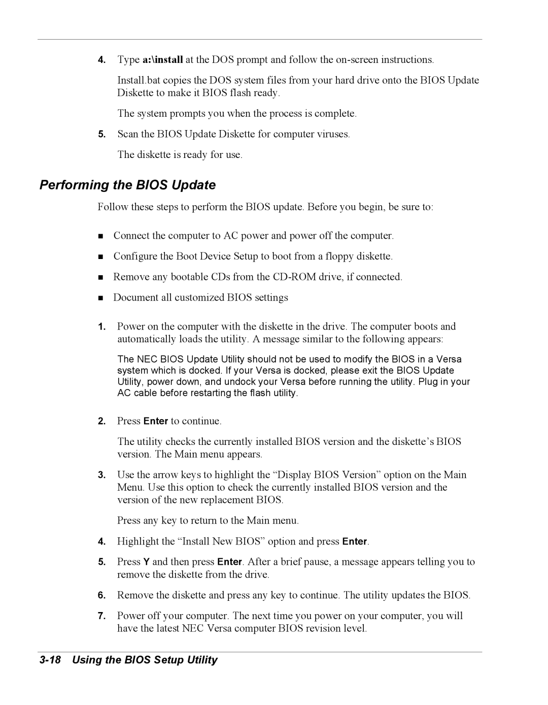 NEC Versa Series manual Performing the Bios Update 