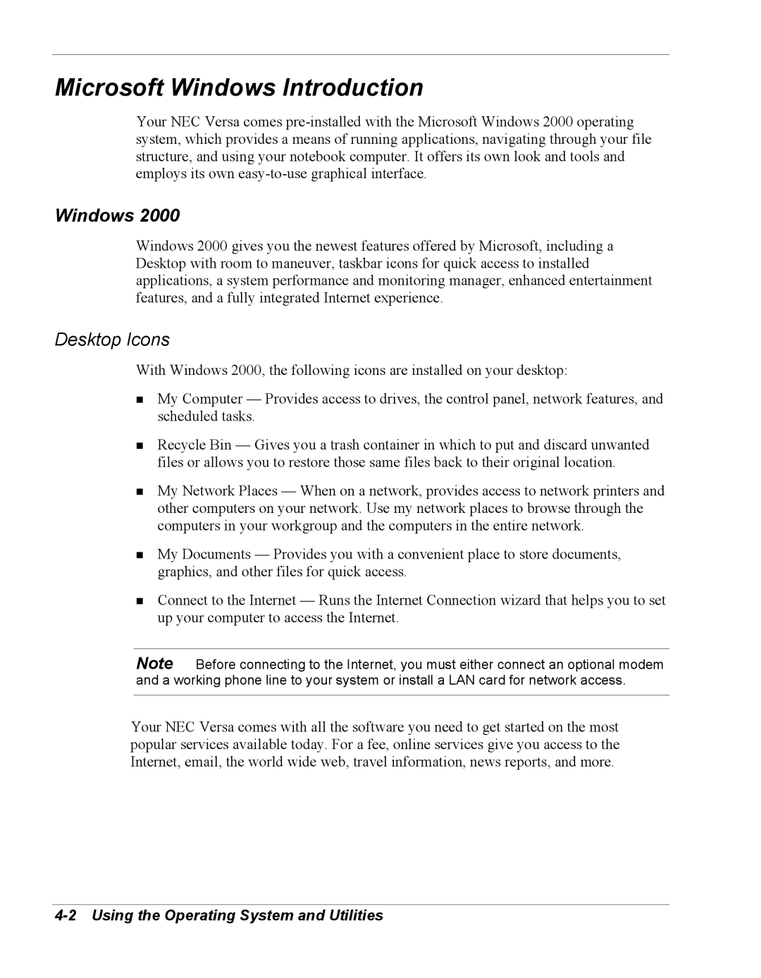 NEC Versa Series manual Microsoft Windows Introduction, Using the Operating System and Utilities 