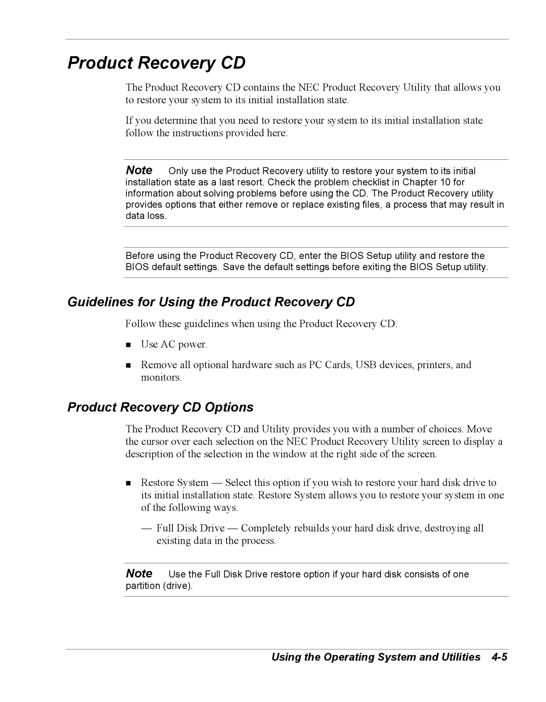 NEC Versa Series manual Guidelines for Using the Product Recovery CD, Product Recovery CD Options 