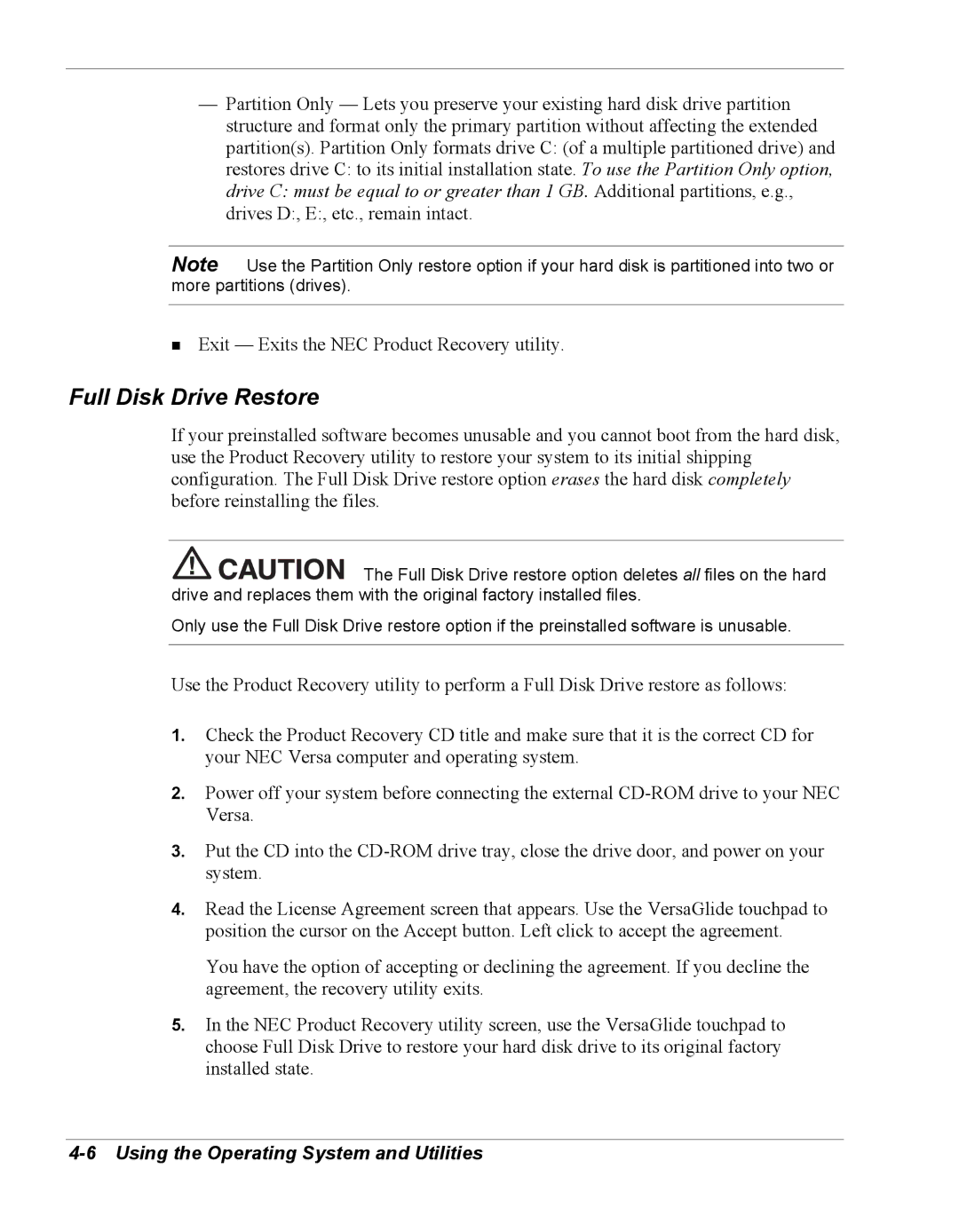 NEC Versa Series manual Full Disk Drive Restore 