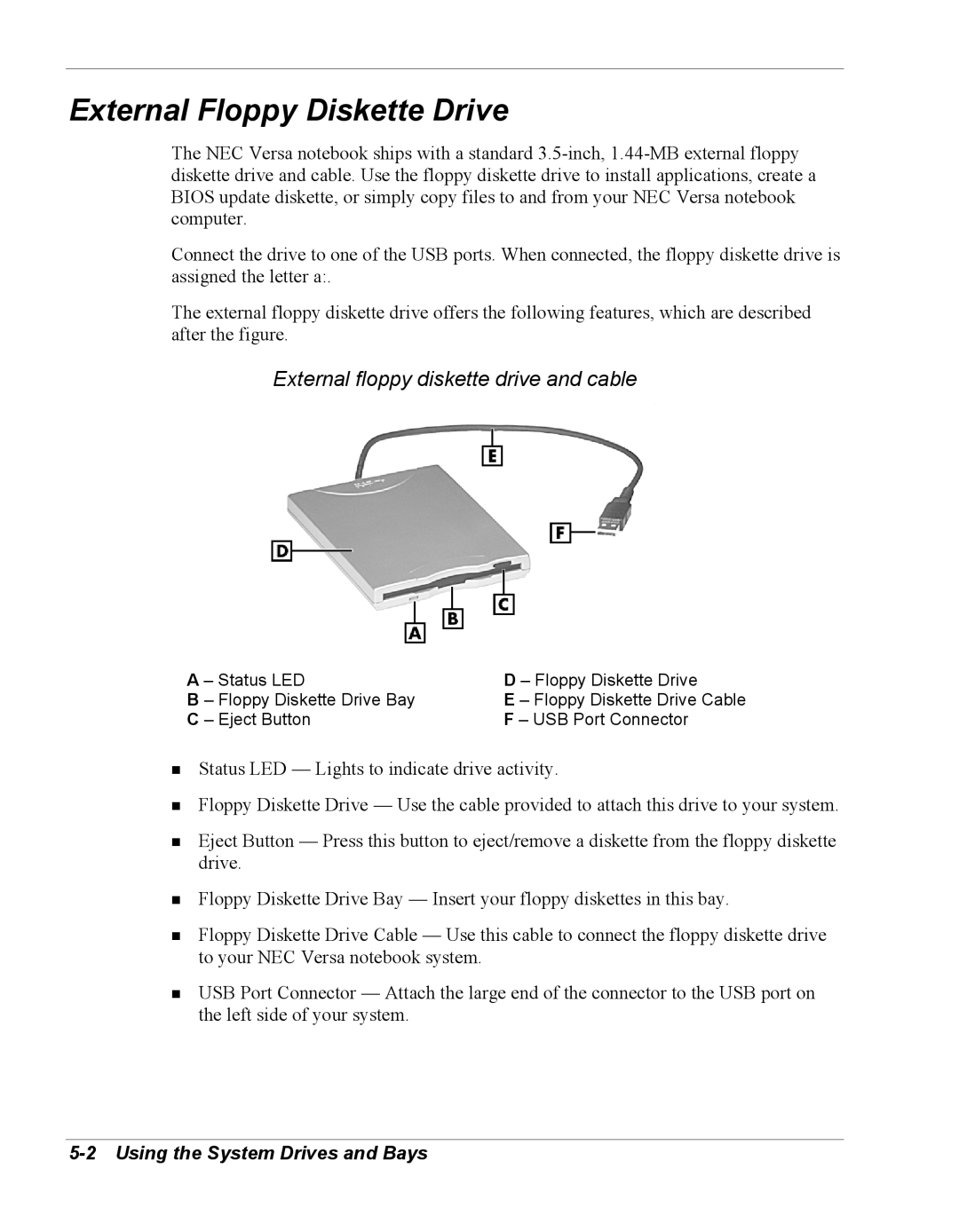 NEC Versa Series External Floppy Diskette Drive, External floppy diskette drive and cable, Eject Button USB Port Connector 