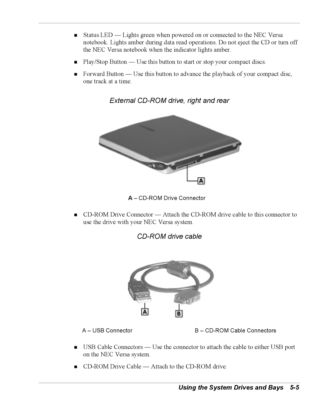 NEC Versa Series manual External CD-ROM drive, right and rear, CD-ROM drive cable 