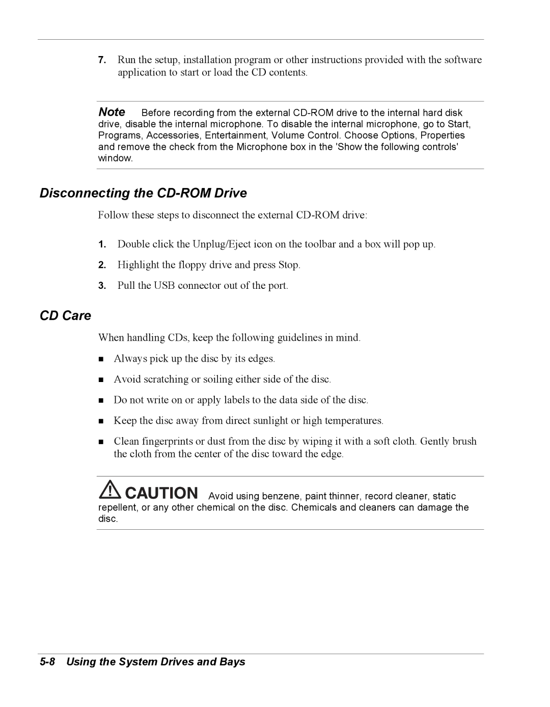 NEC Versa Series manual Disconnecting the CD-ROM Drive, CD Care 