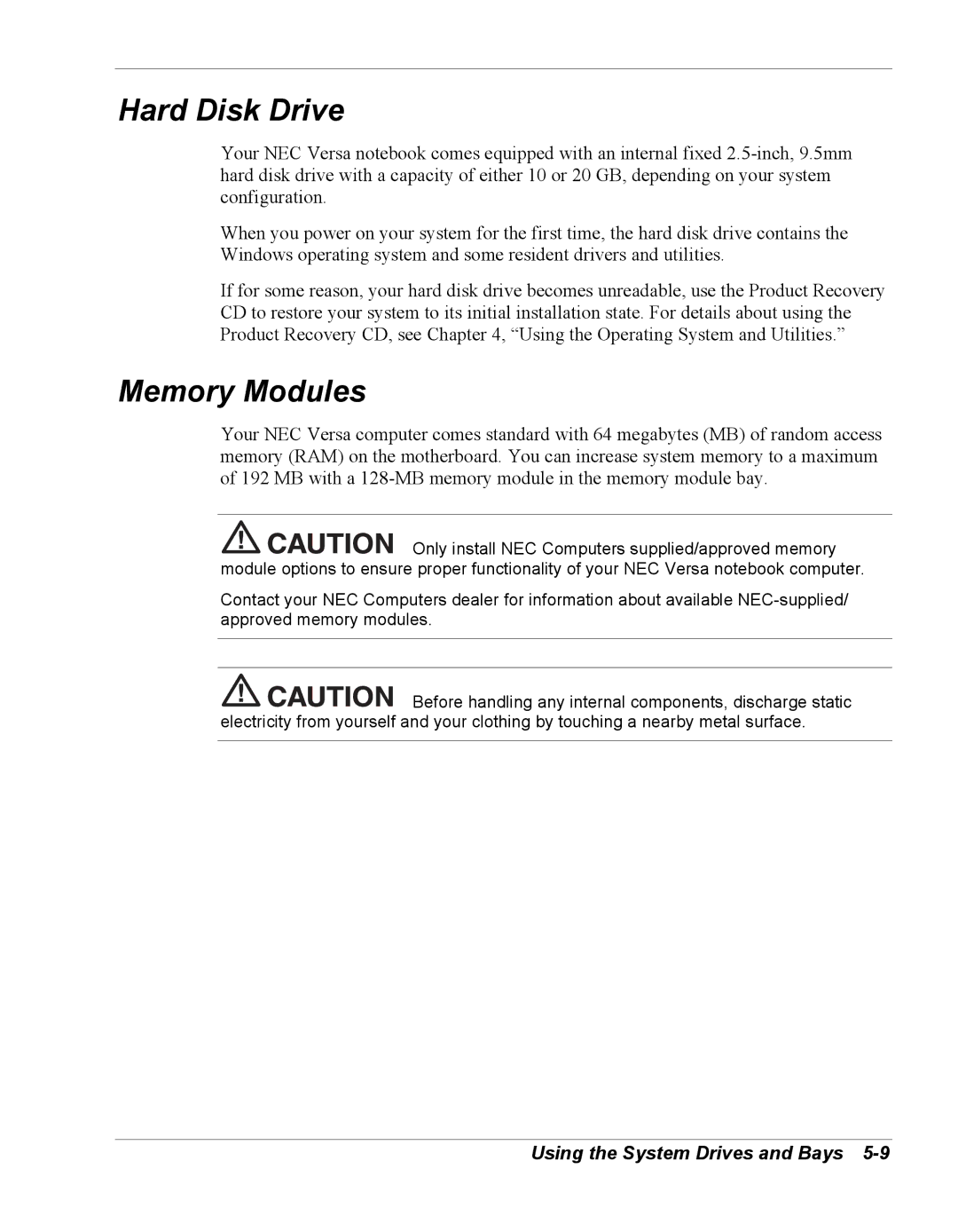 NEC Versa Series manual Hard Disk Drive, Memory Modules 