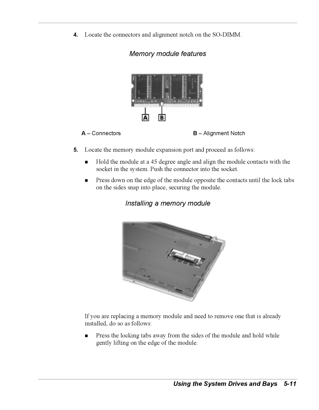 NEC Versa Series manual Memory module features, Installing a memory module, Connectors 