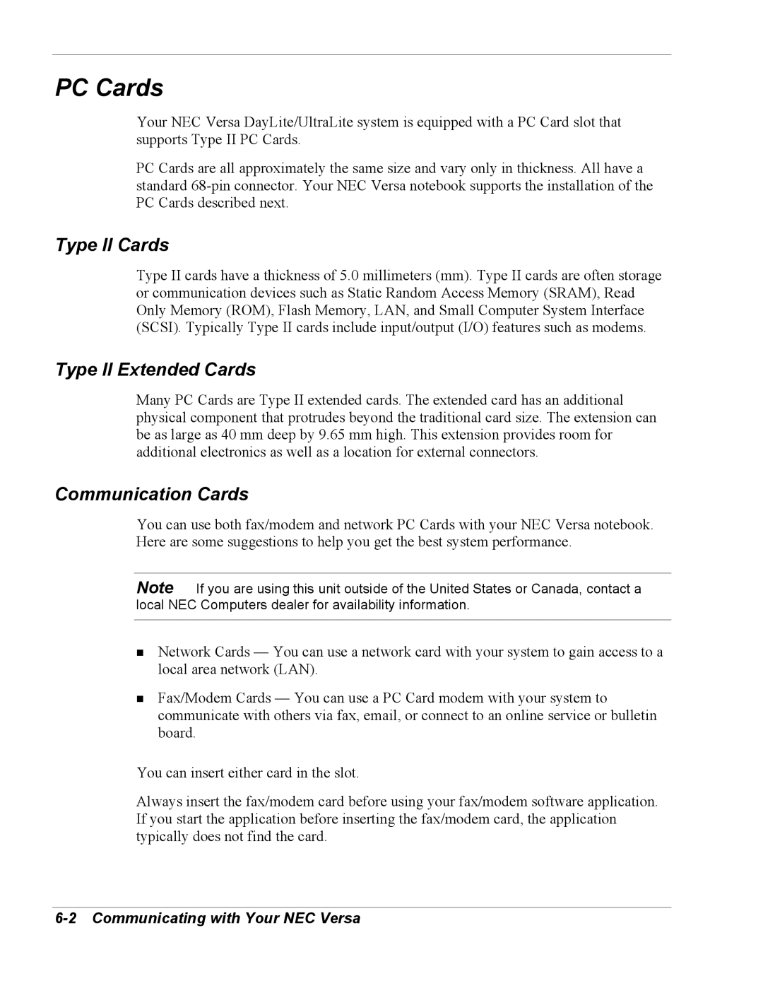 NEC Versa Series PC Cards, Type II Cards, Type II Extended Cards, Communication Cards, Communicating with Your NEC Versa 