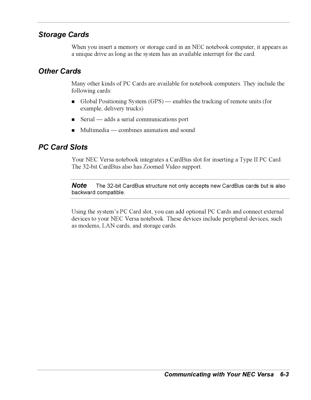 NEC Versa Series manual Storage Cards, Other Cards, PC Card Slots 