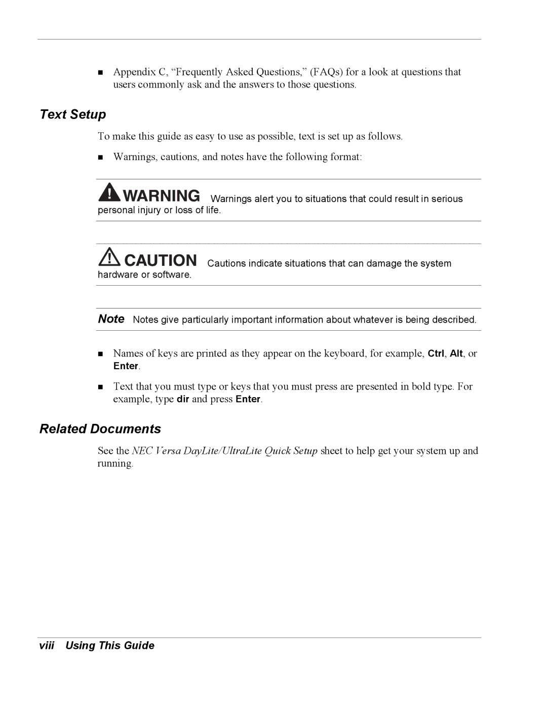 NEC Versa Series manual Text Setup, Related Documents, Viii Using This Guide, Enter 