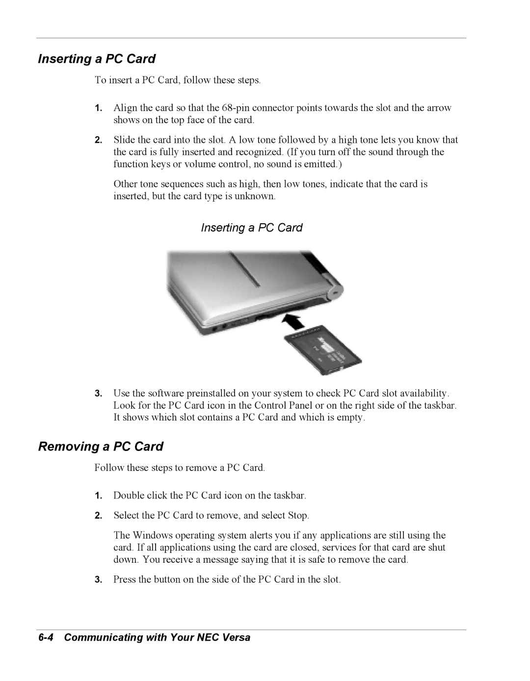 NEC Versa Series manual Inserting a PC Card, Removing a PC Card 