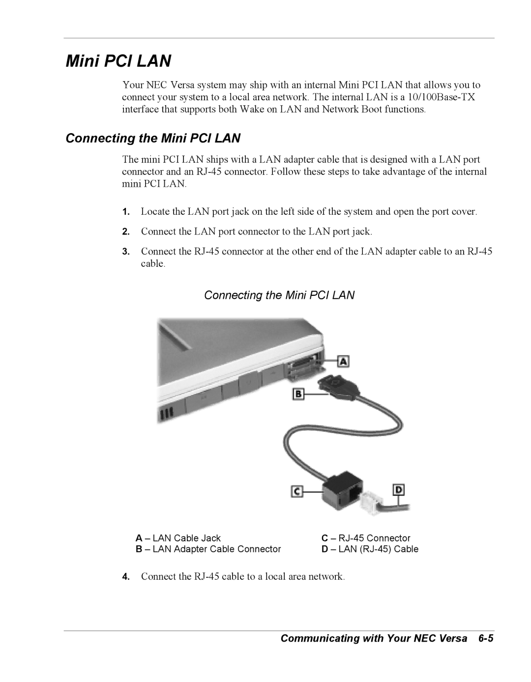 NEC Versa Series manual Connecting the Mini PCI LAN 