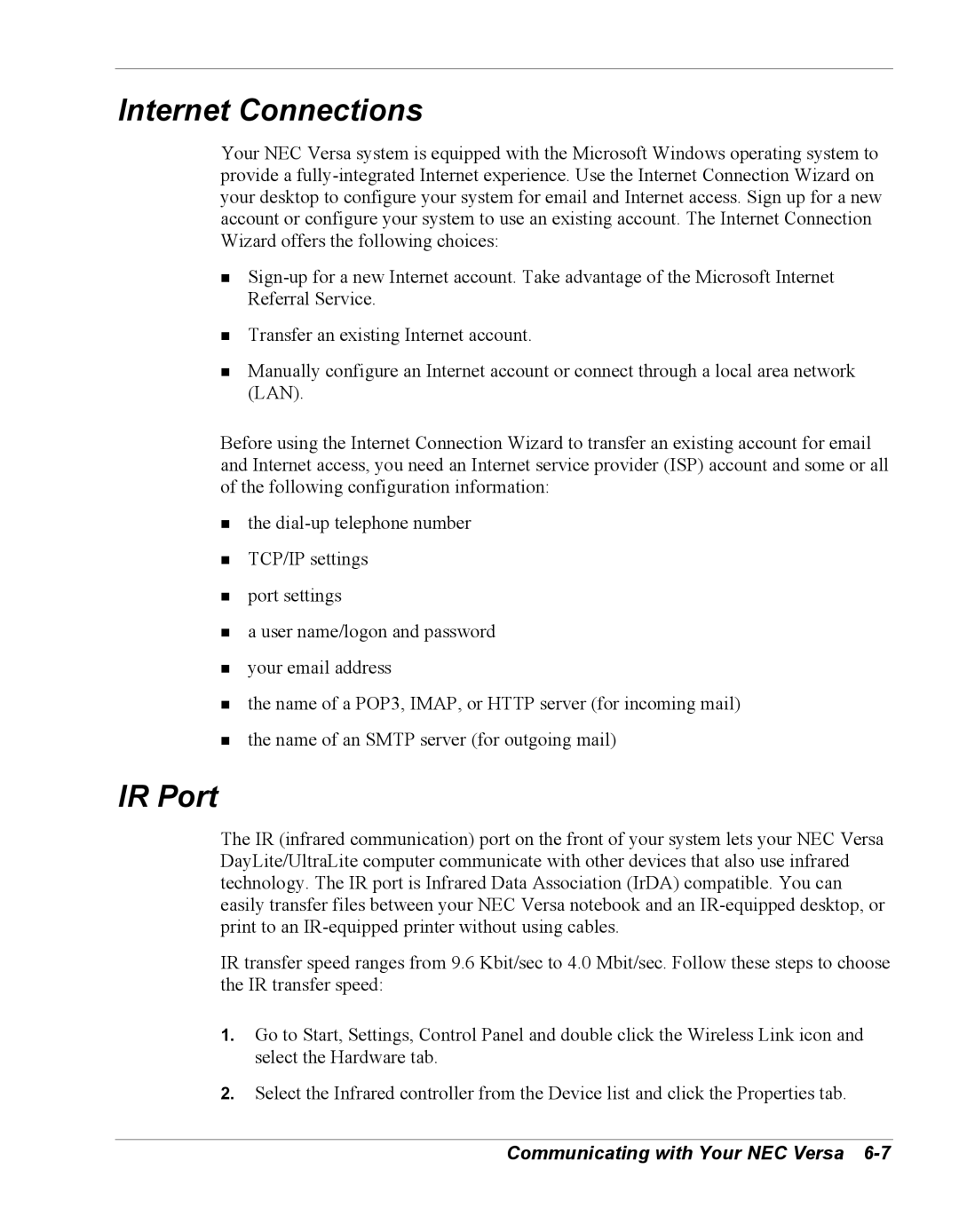 NEC Versa Series manual Internet Connections, IR Port 