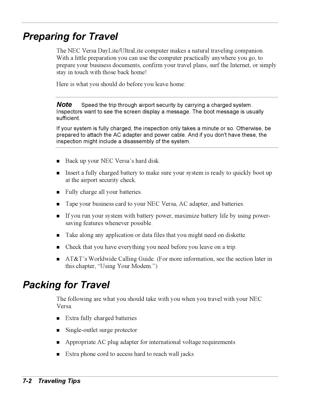 NEC Versa Series manual Preparing for Travel, Packing for Travel, Traveling Tips 