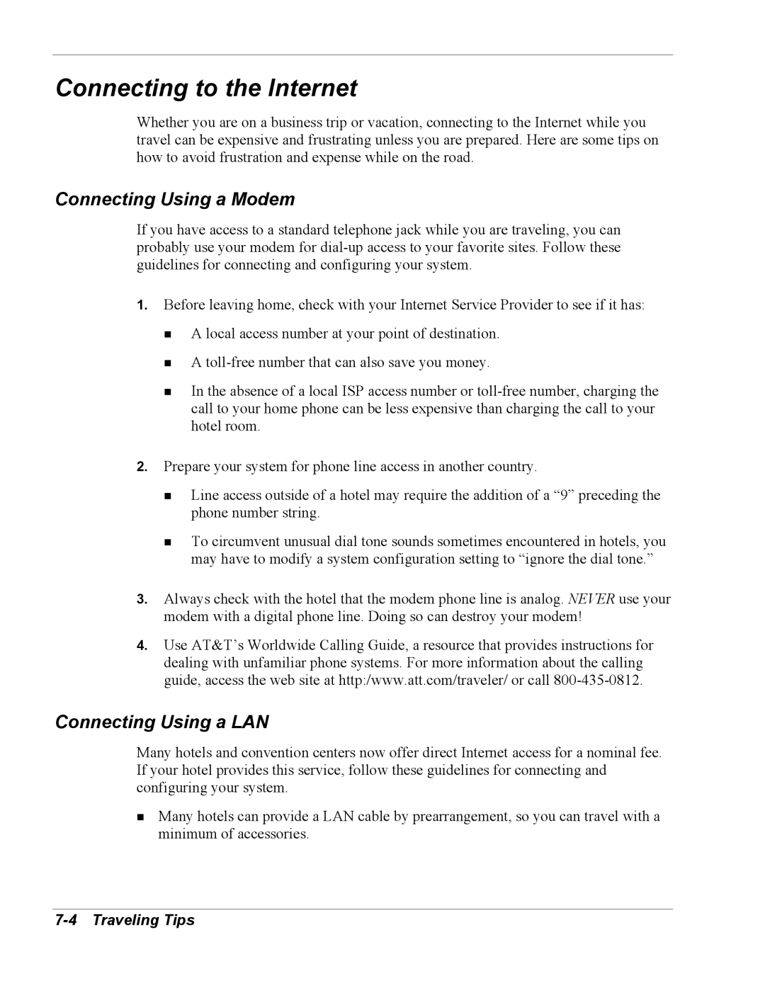 NEC Versa Series manual Connecting to the Internet, Connecting Using a Modem, Connecting Using a LAN 