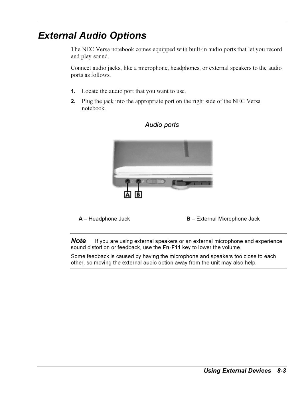 NEC Versa Series manual External Audio Options, Audio ports 