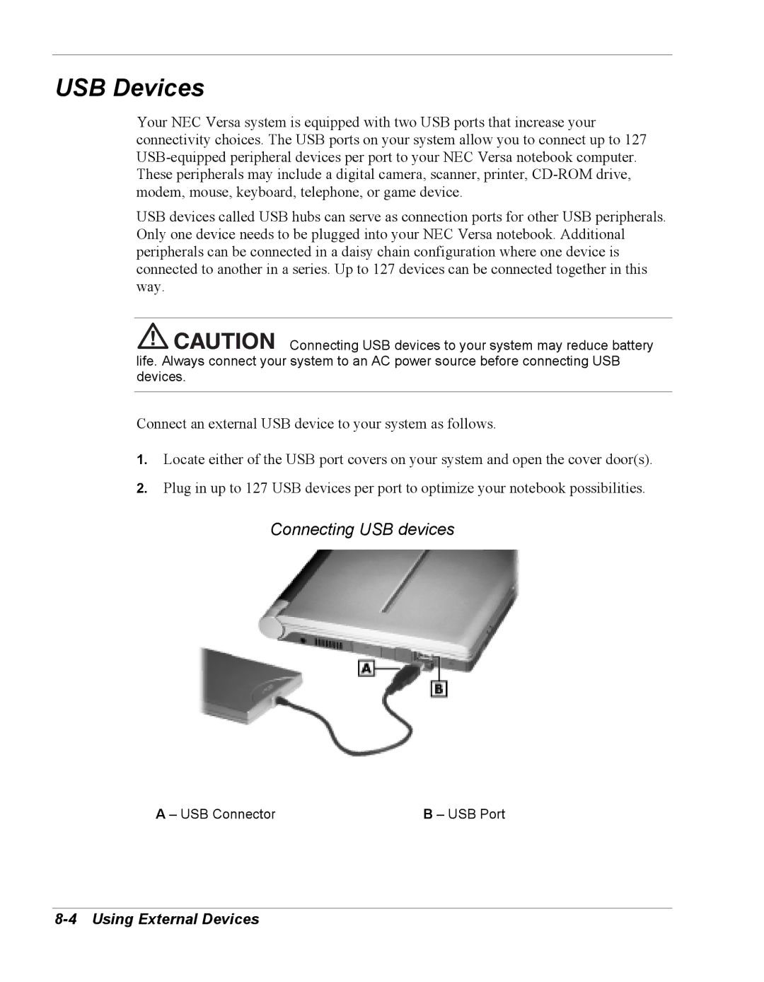 NEC Versa Series manual USB Devices, Connecting USB devices, USB Connector USB Port 