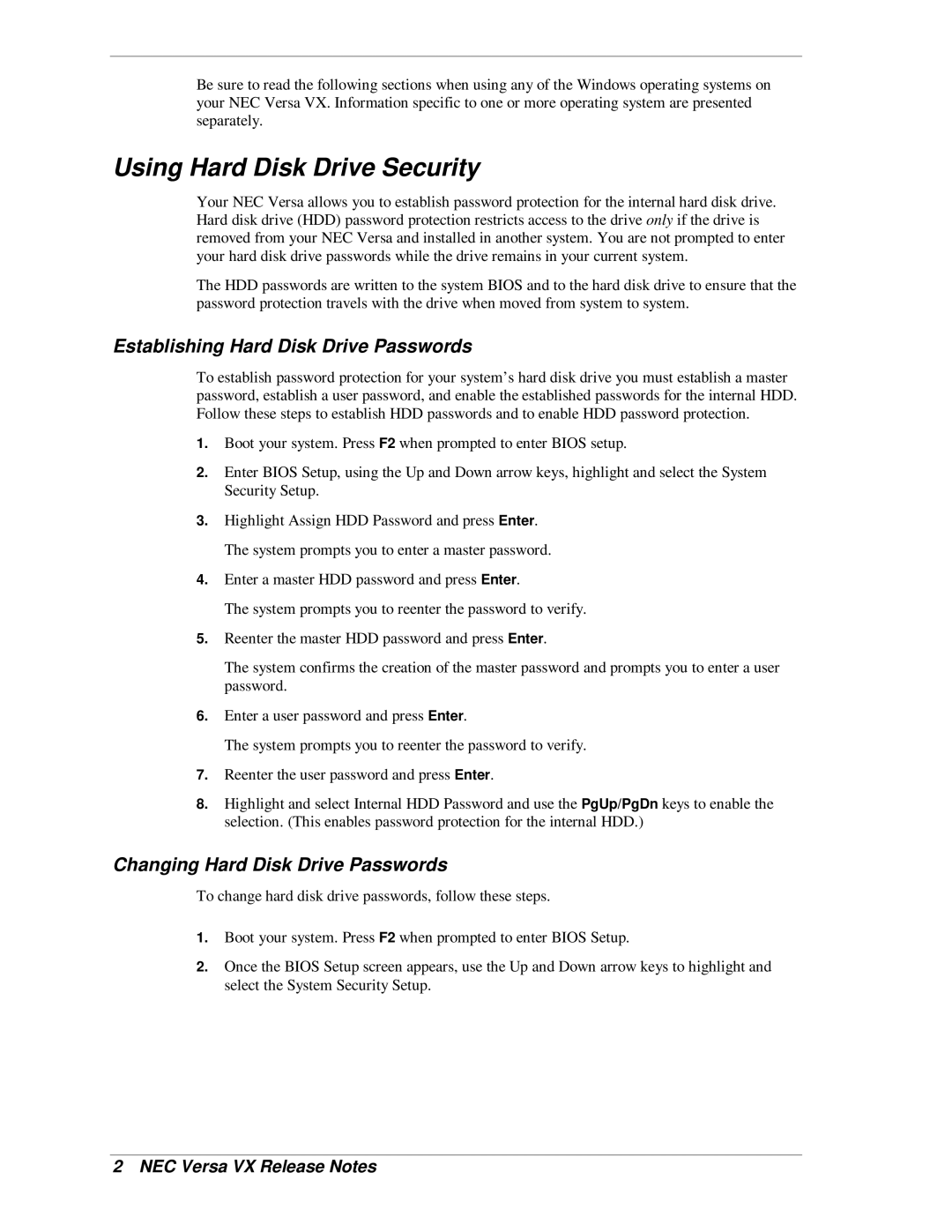 NEC Versa VX Using Hard Disk Drive Security, Establishing Hard Disk Drive Passwords, Changing Hard Disk Drive Passwords 