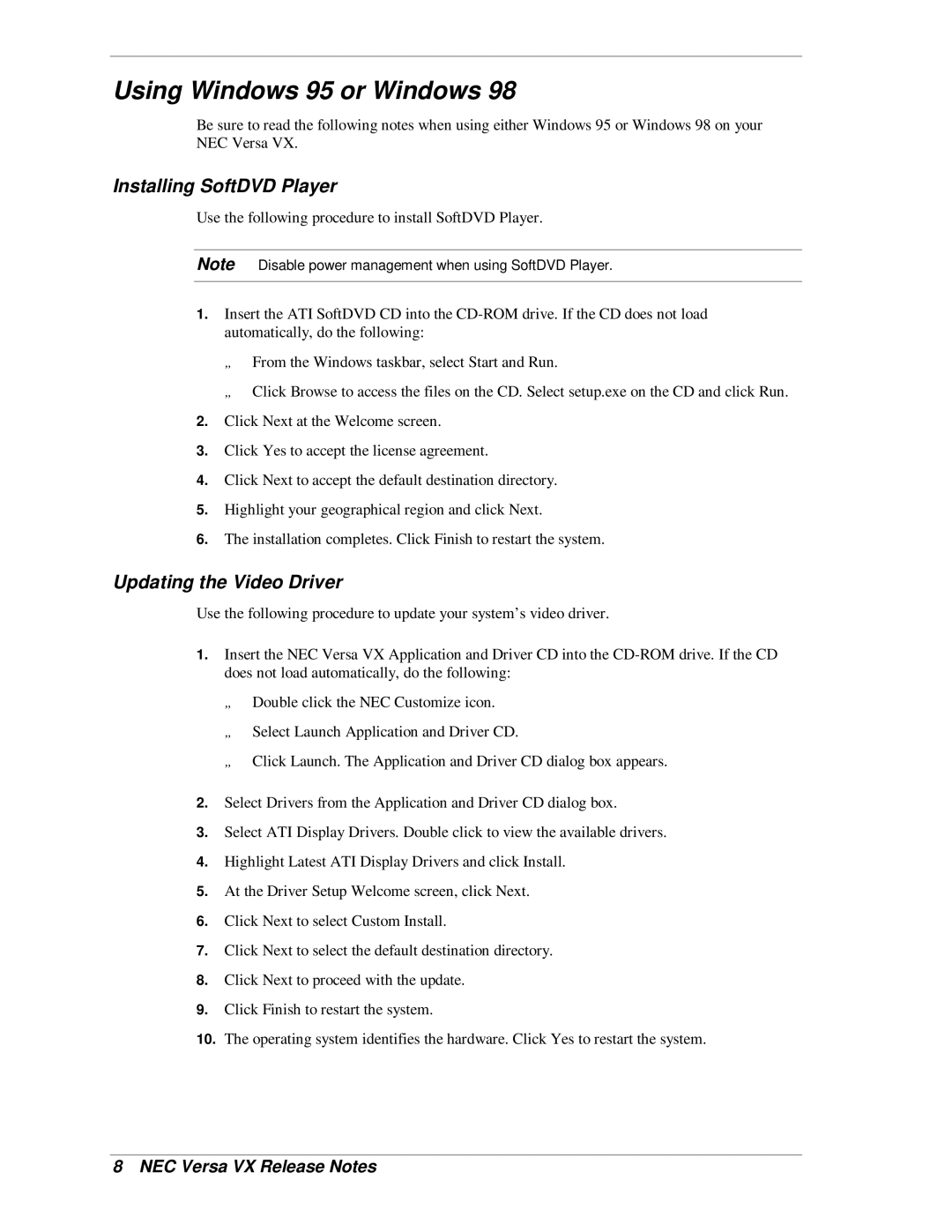 NEC Versa VX manual Using Windows 95 or Windows, Installing SoftDVD Player, Updating the Video Driver 