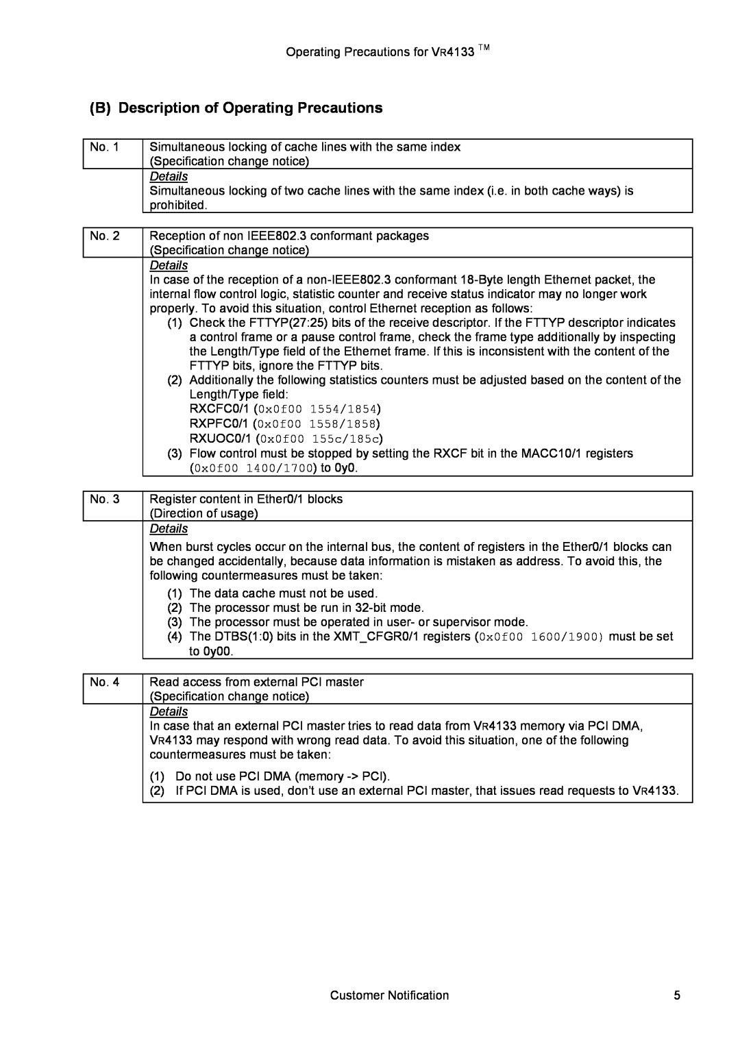 NEC VR4133 manual B Description of Operating Precautions, Details 