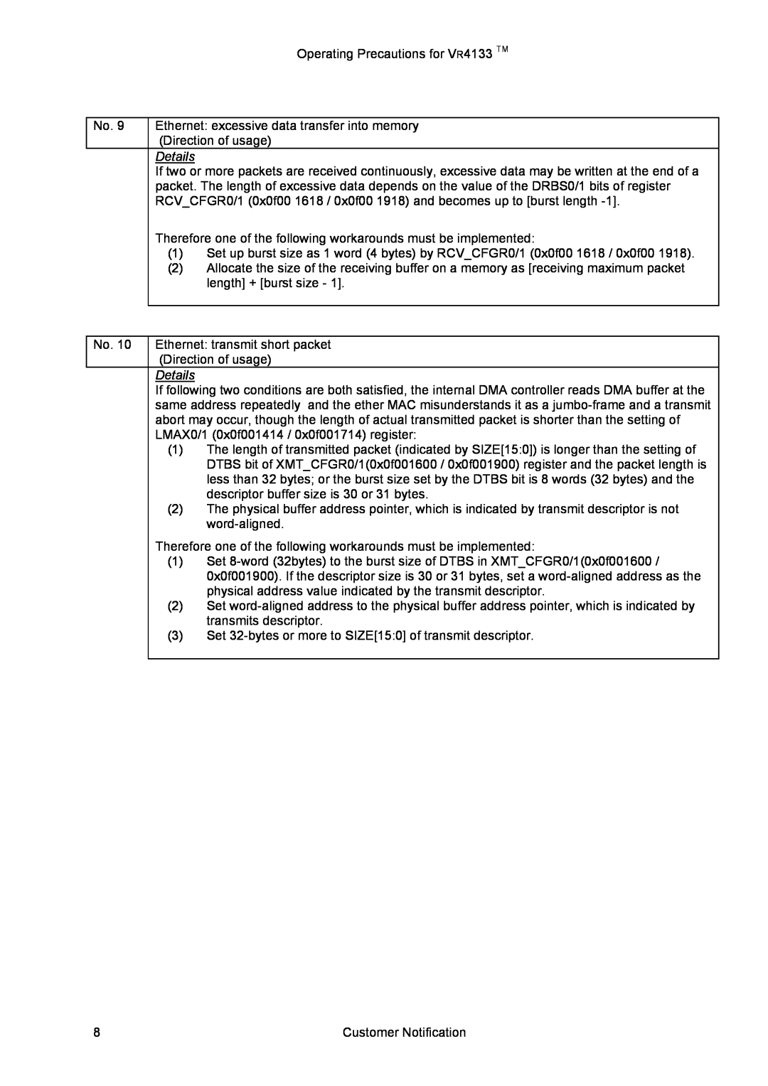 NEC manual Operating Precautions for VR4133 TM, Details 
