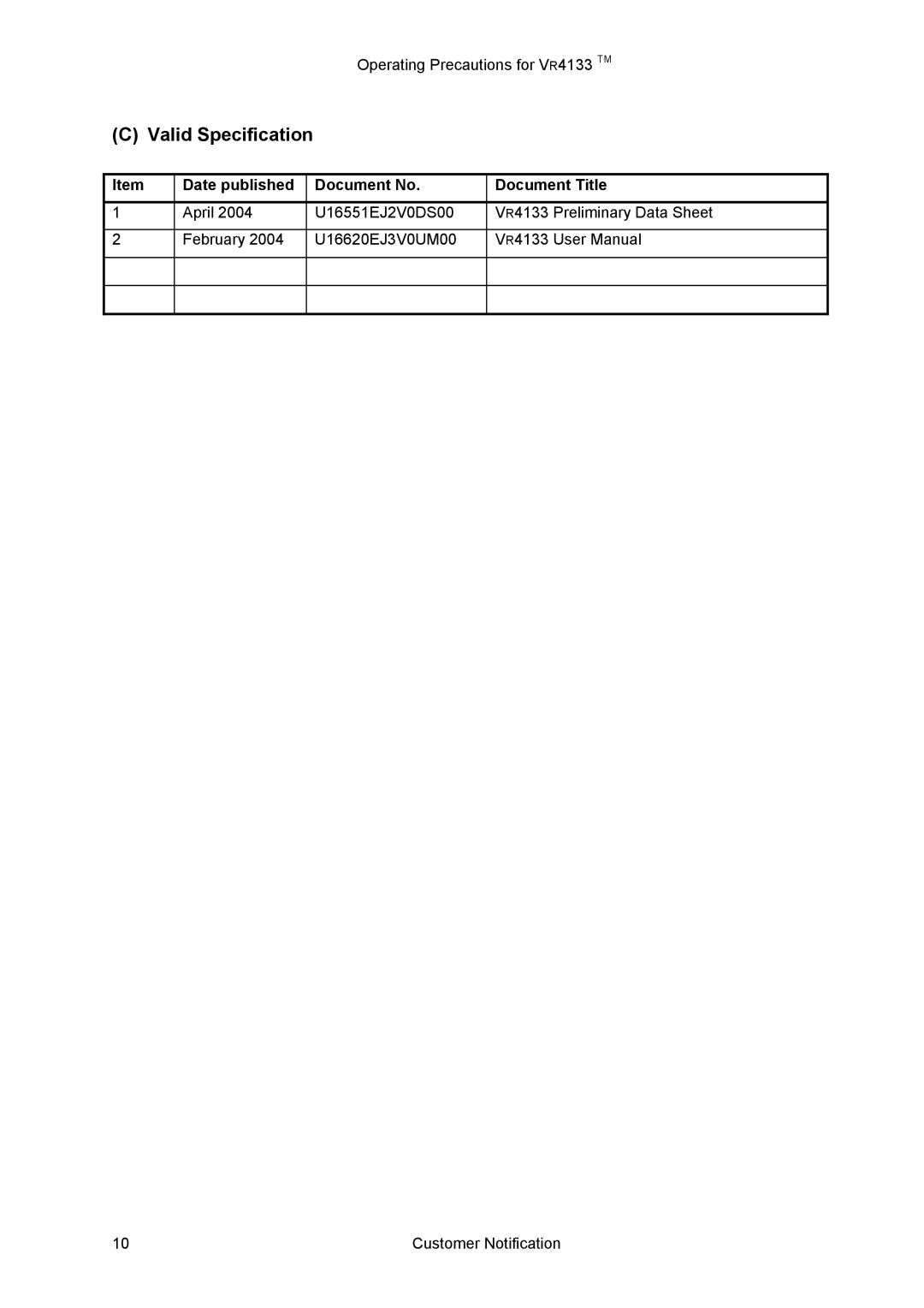 NEC VR4133 manual Valid Specification, Date published Document No Document Title 