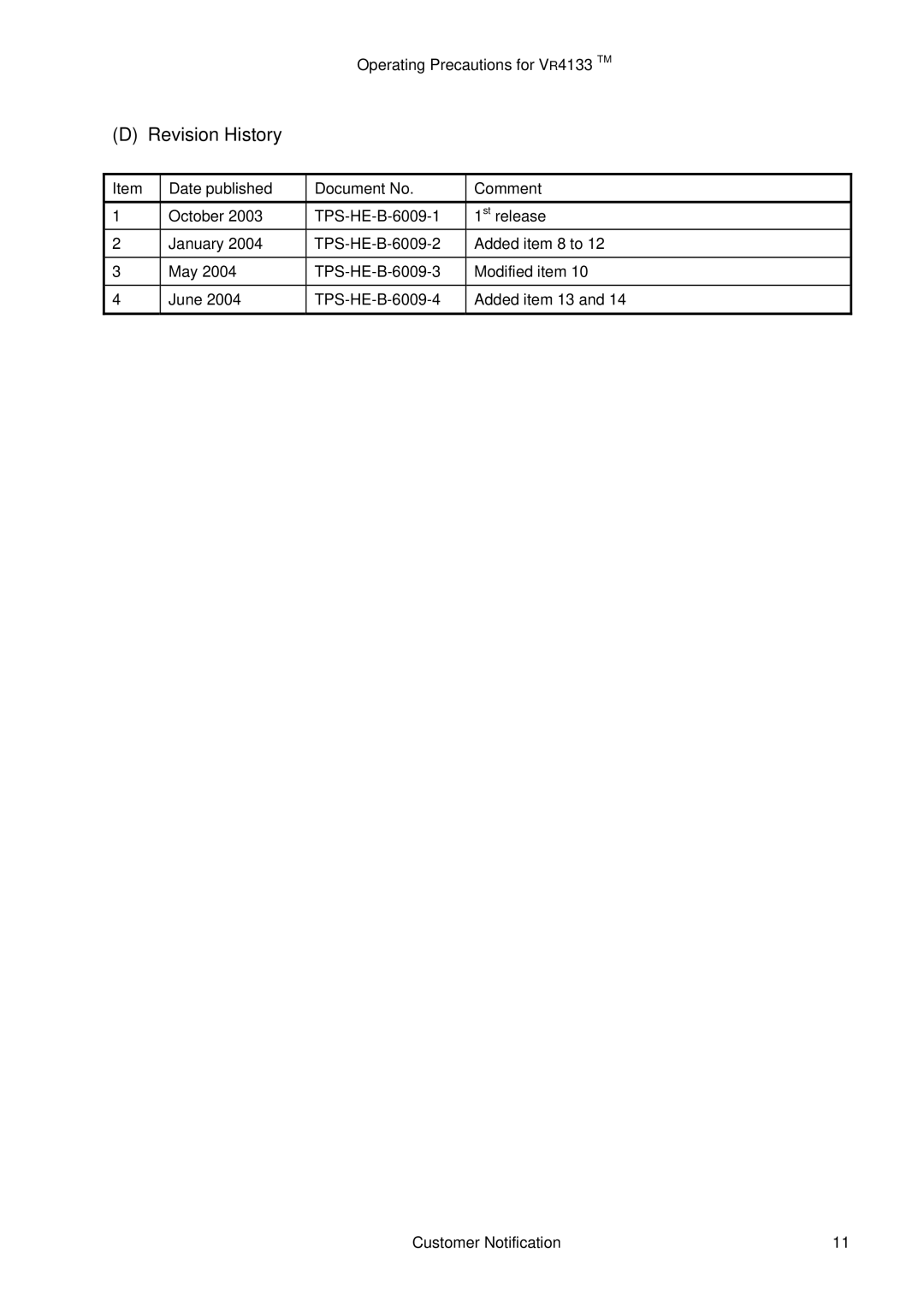 NEC VR4133 manual Revision History, Date published Document No Comment 