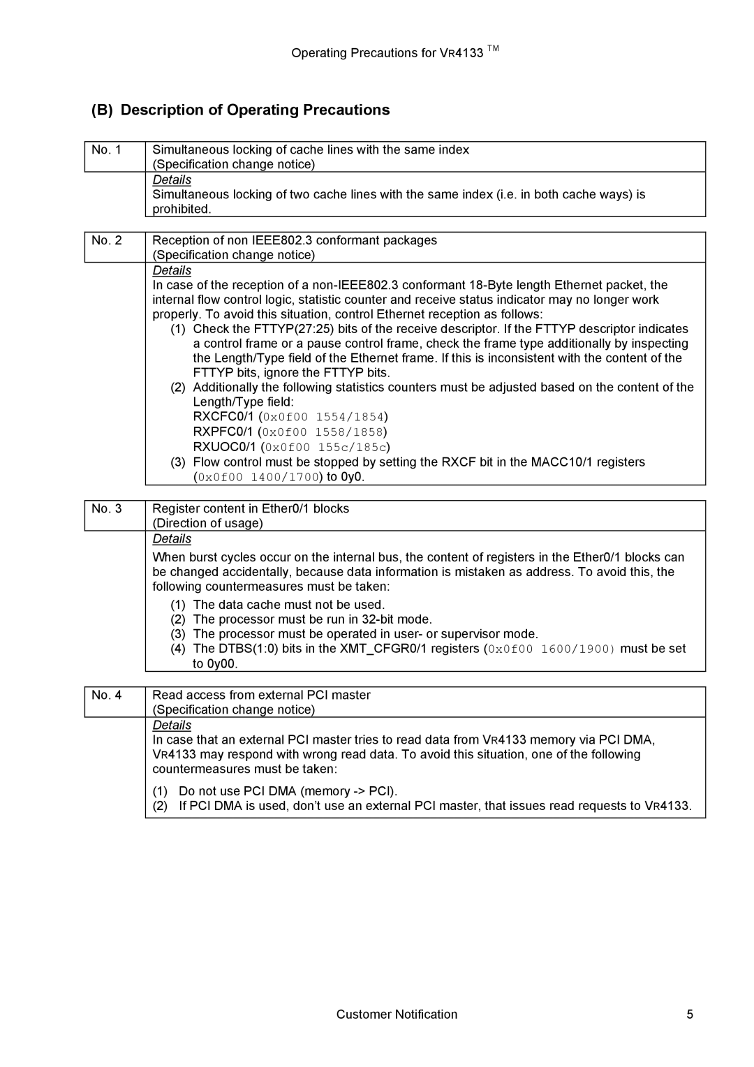 NEC VR4133 manual Description of Operating Precautions, Details 