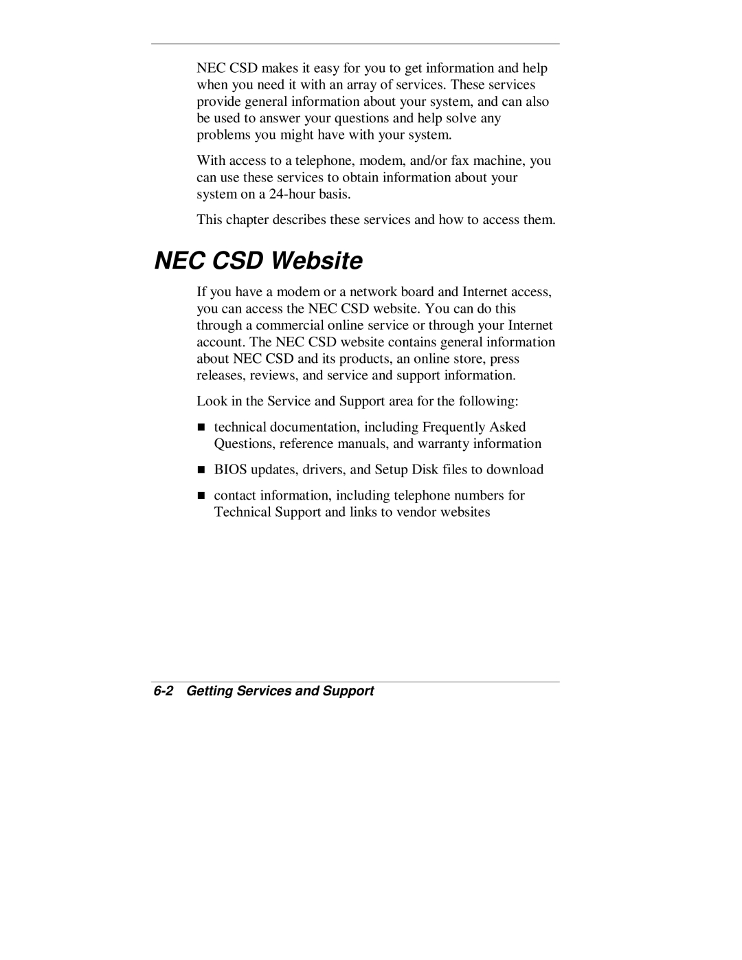NEC VT 300 Series manual NEC CSD Website, 6-2Getting Services and Support 