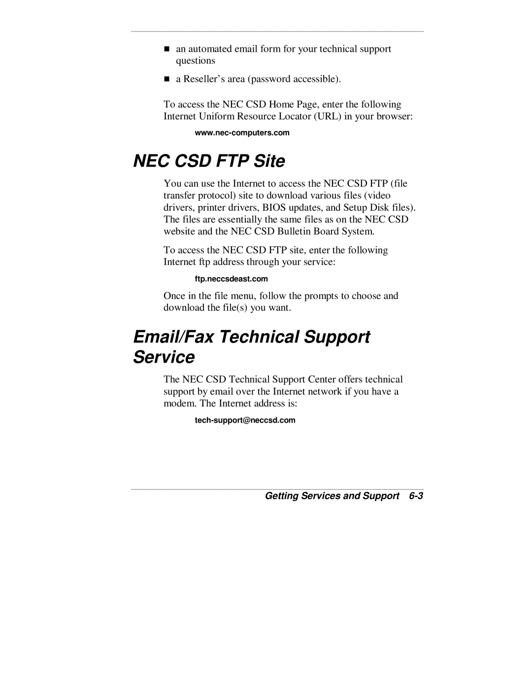 NEC VT 300 Series manual NEC CSD FTP Site, Email/Fax Technical Support Service 