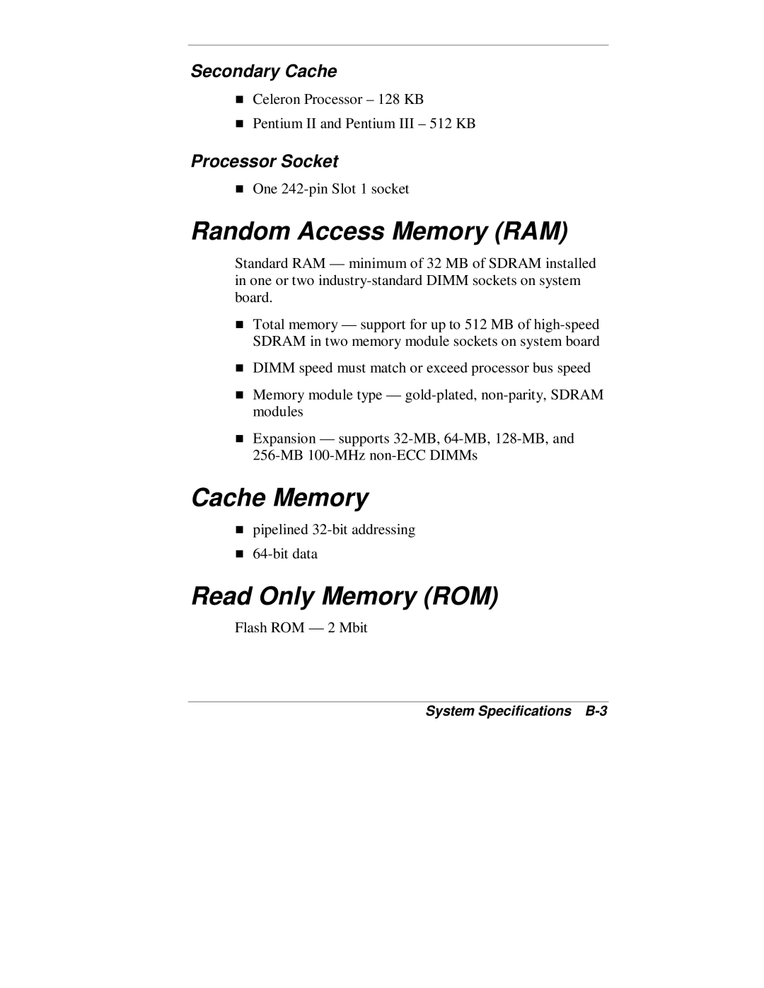 NEC VT 300 Series manual Random Access Memory RAM, Cache Memory, Read Only Memory ROM, Secondary Cache, ProcessorTSocket 