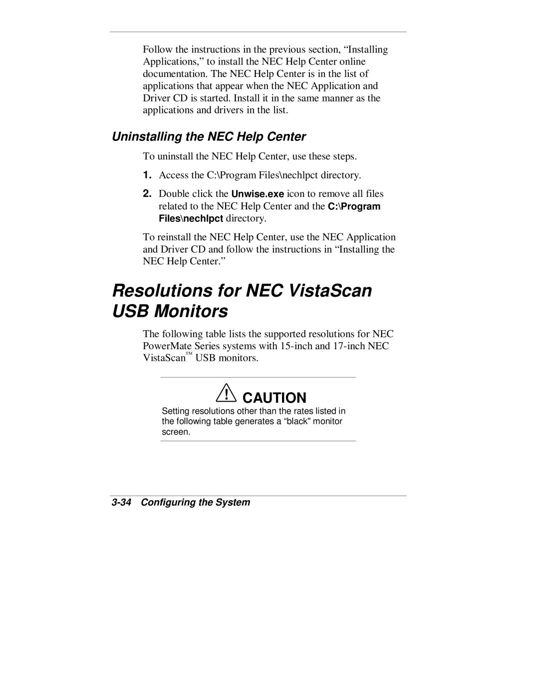 NEC VT 300 Series manual Resolutions for NEC VistaScan USB Monitors, Uninstalling the NEC Help Center 