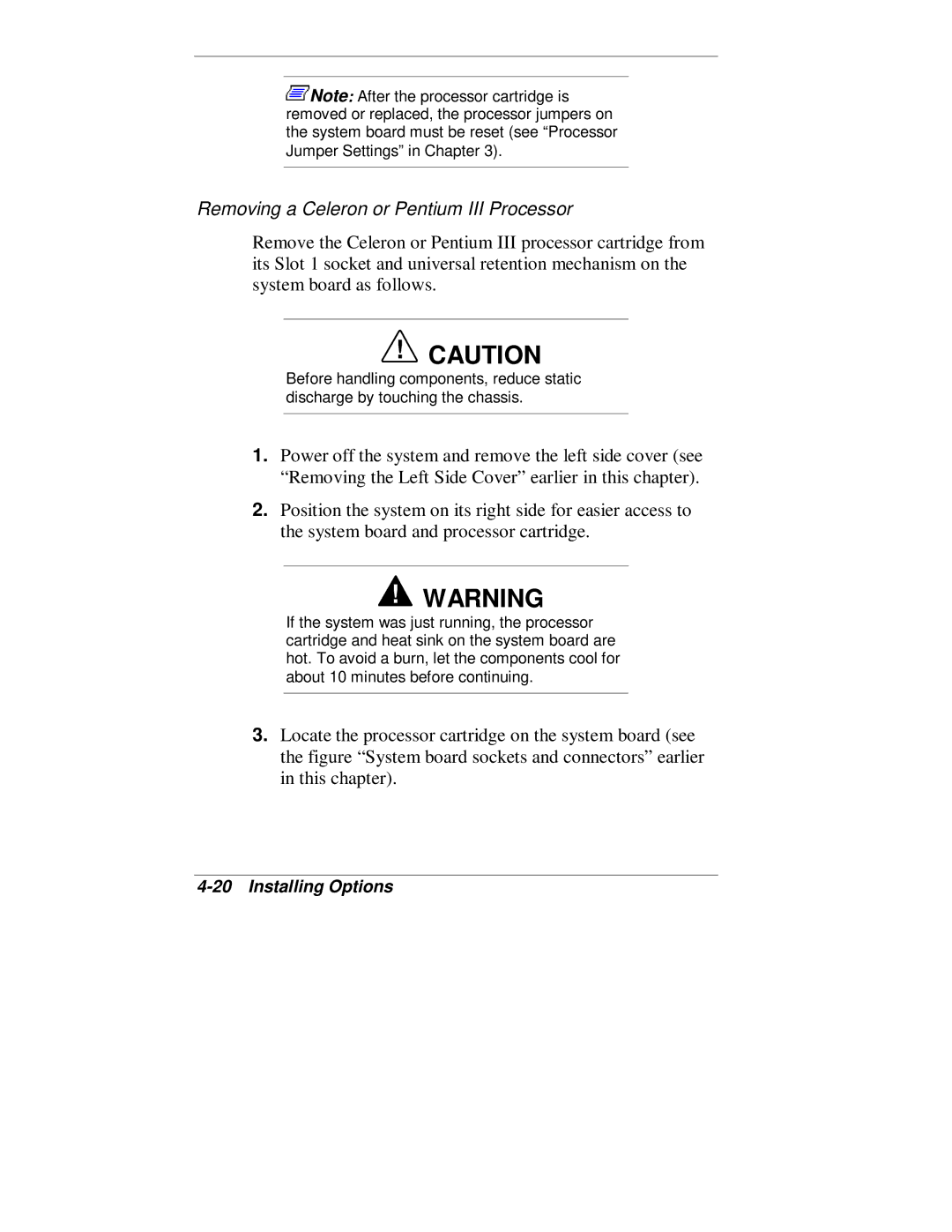 NEC VT 300 Series manual Removing a Celeron or Pentium III Processor 