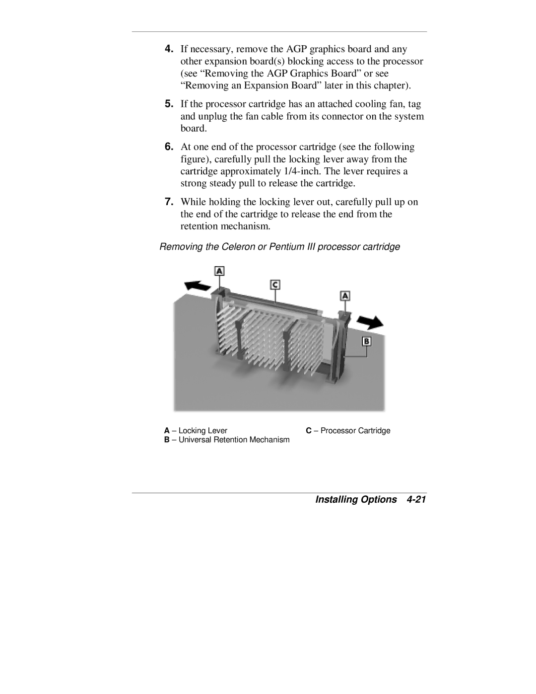 NEC VT 300 Series manual Removing the Celeron or Pentium III processor cartridge 