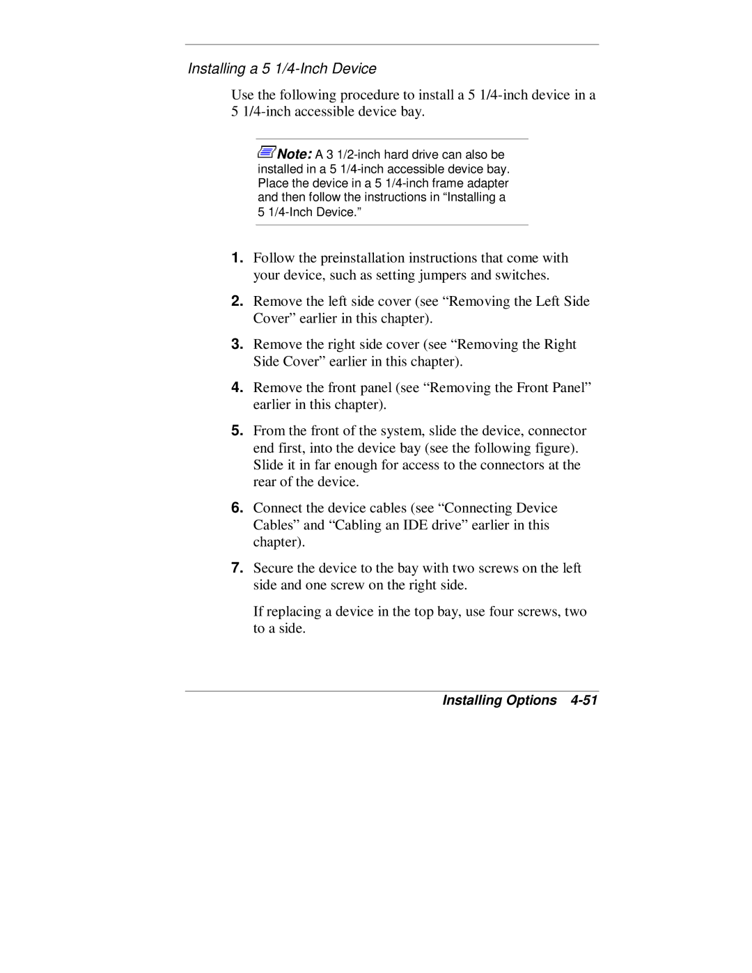 NEC VT 300 Series manual Installing a 5 1/4-Inch Device 