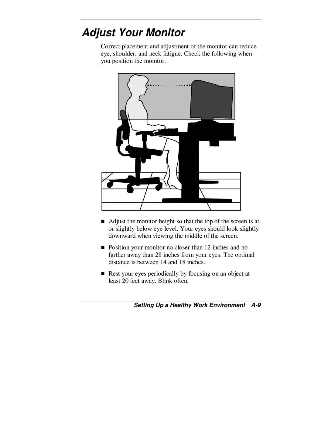 NEC VT 300 Series manual Adjust Your Monitor, Setting Up a Healthy Work Environment A-9 