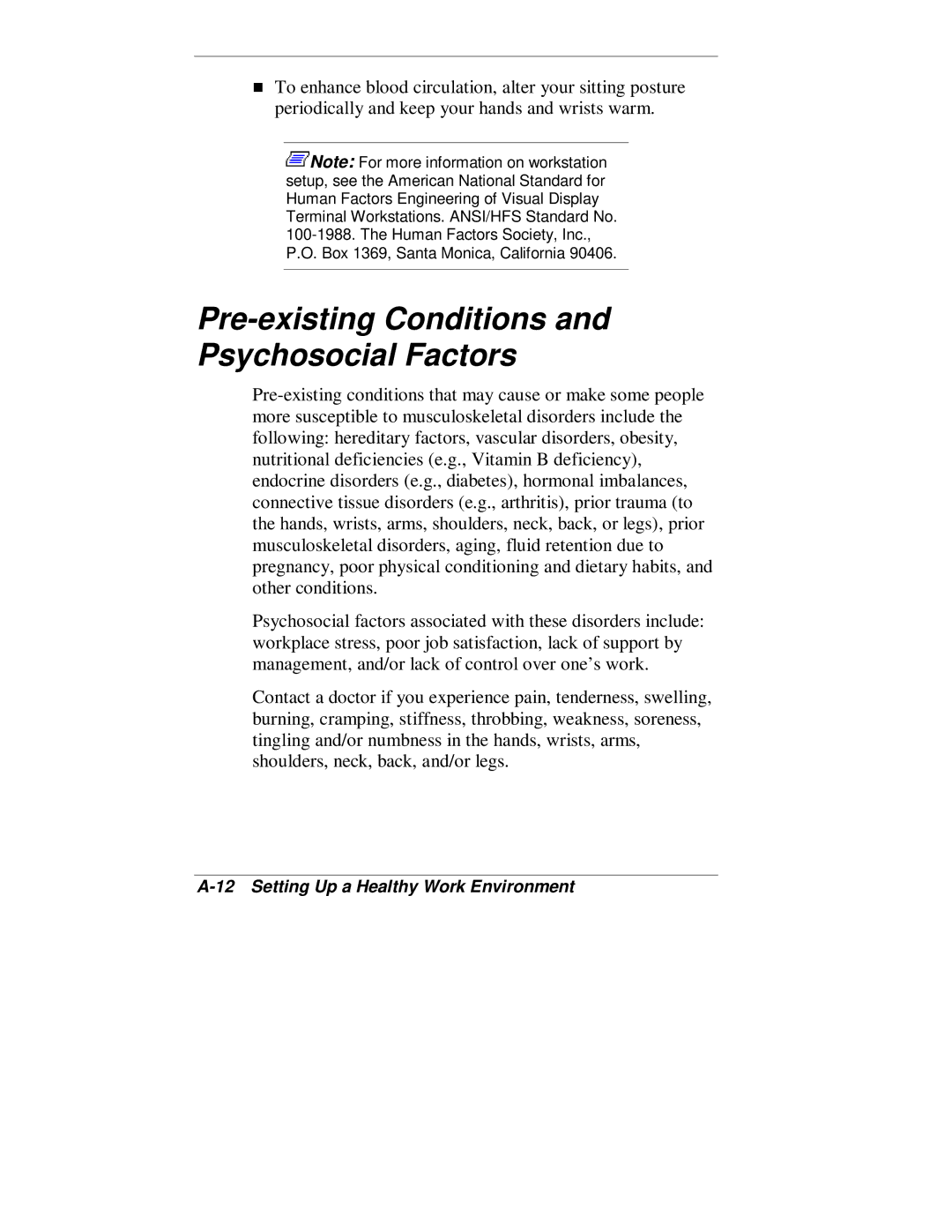 NEC VT 300 Series manual Pre-existing Conditions and Psychosocial Factors 