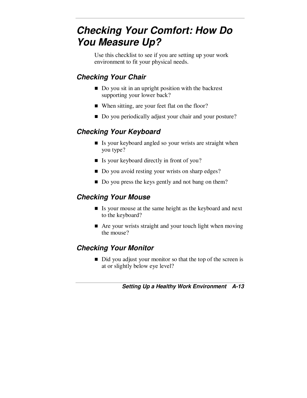 NEC VT 300 Series manual Checking Your Comfort How Do You Measure Up?, Checking Your Chair, Checking Your Keyboard 