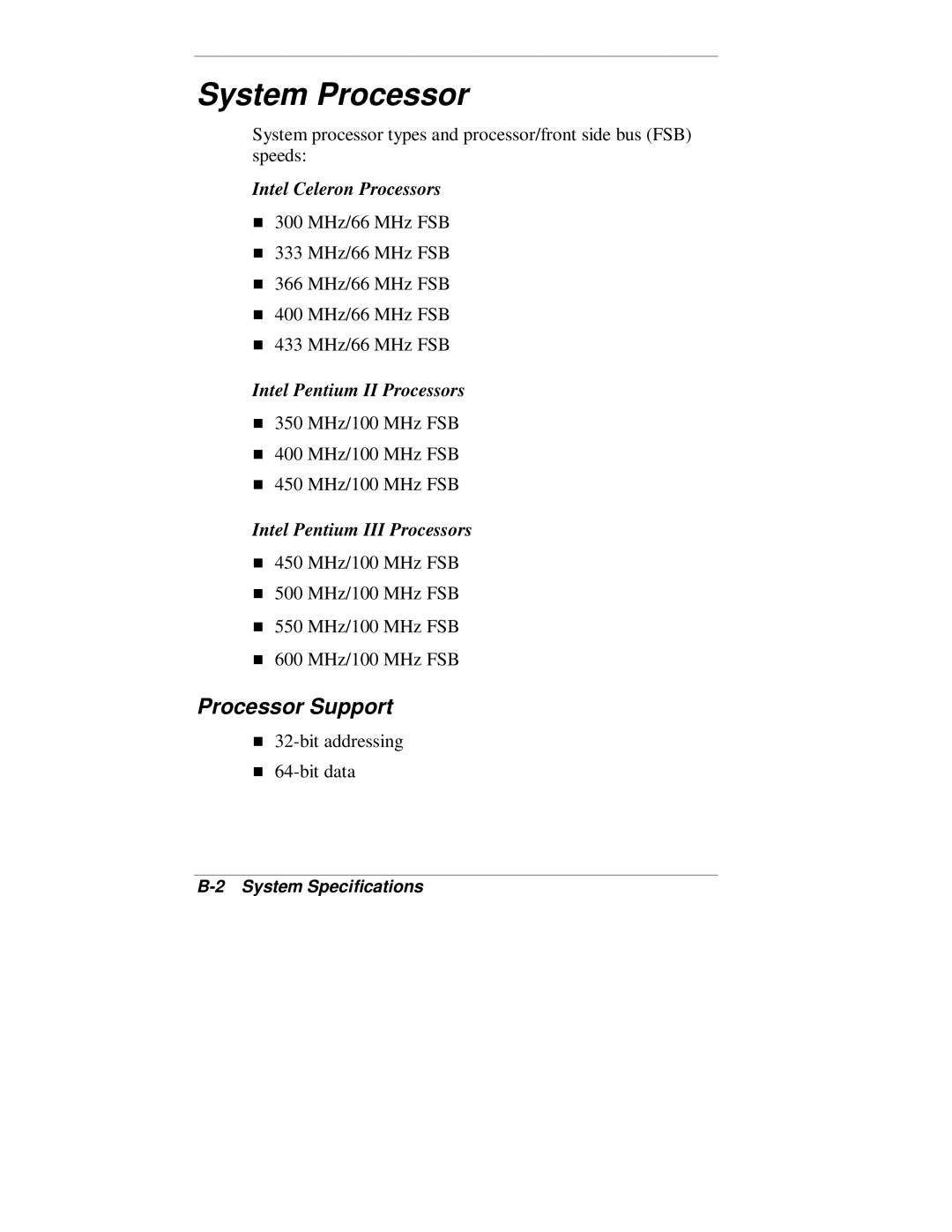 NEC VT 300 Series manual System Processor, Processor Support, System Specifications 