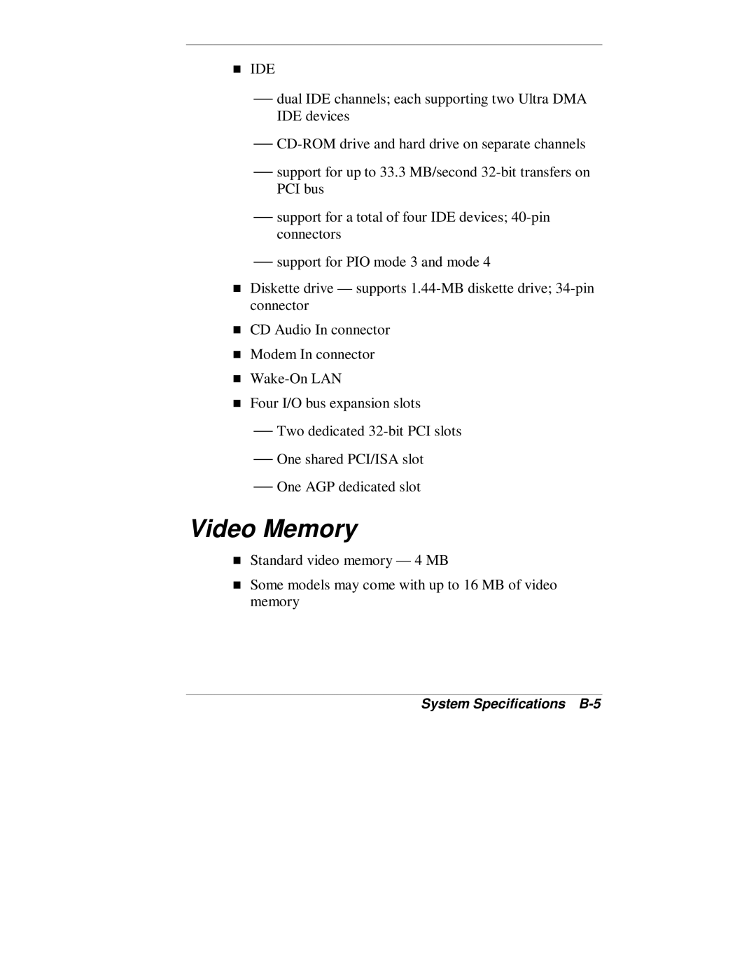 NEC VT 300 Series manual Video Memory, System Specifications B-5 