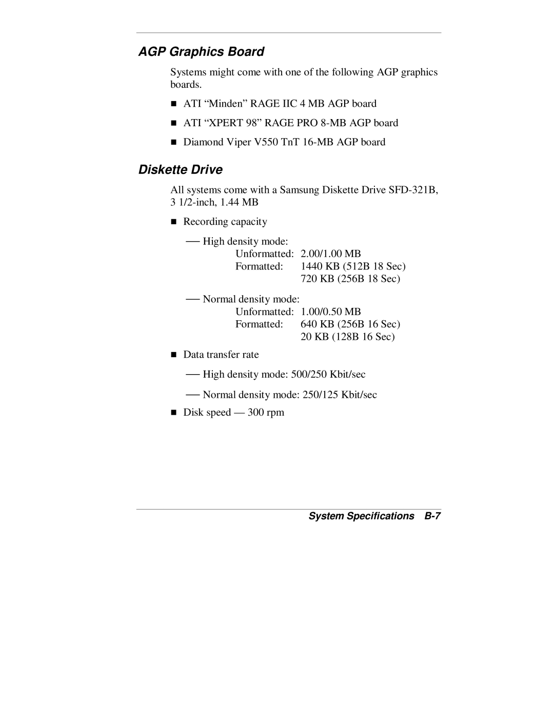 NEC VT 300 Series manual AGP Graphics Board, Diskette Drive, System Specifications B-7 