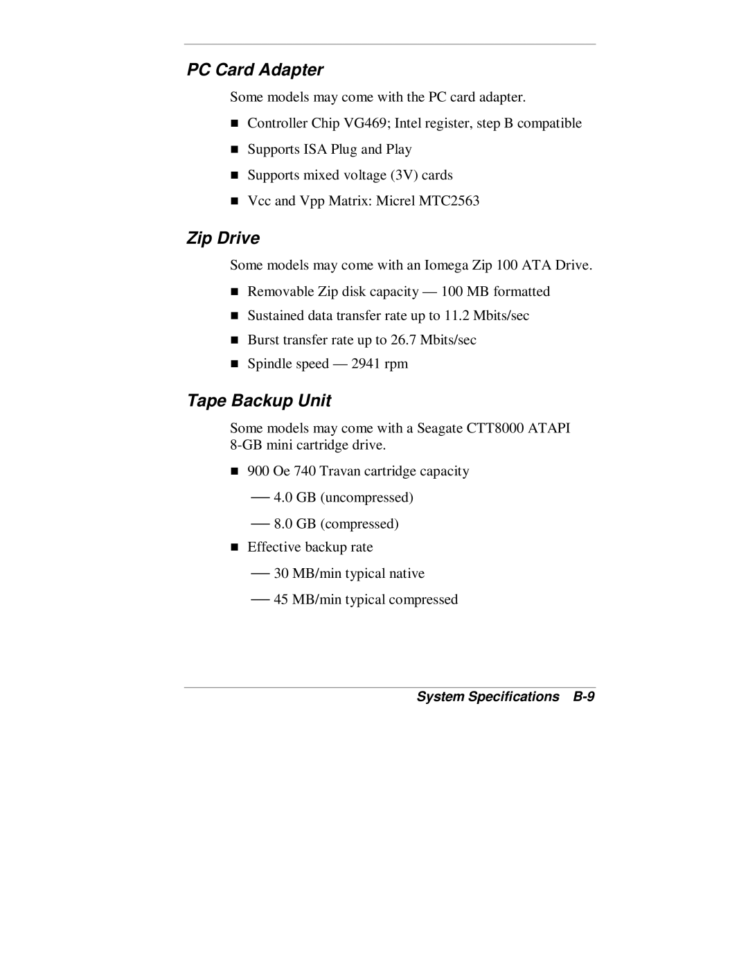 NEC VT 300 Series manual PC Card Adapter, System Specifications B-9 