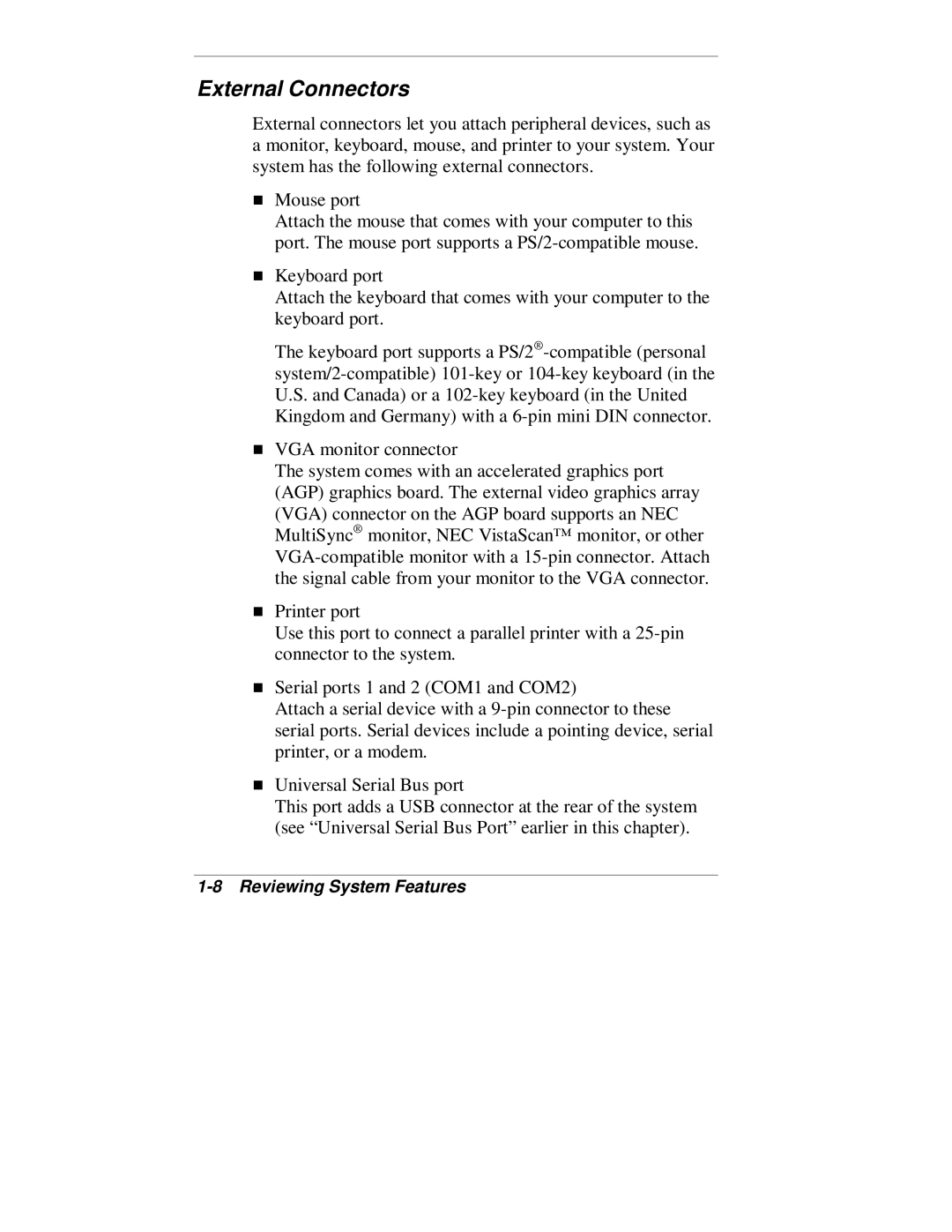 NEC VT 300 Series manual External Connectors 