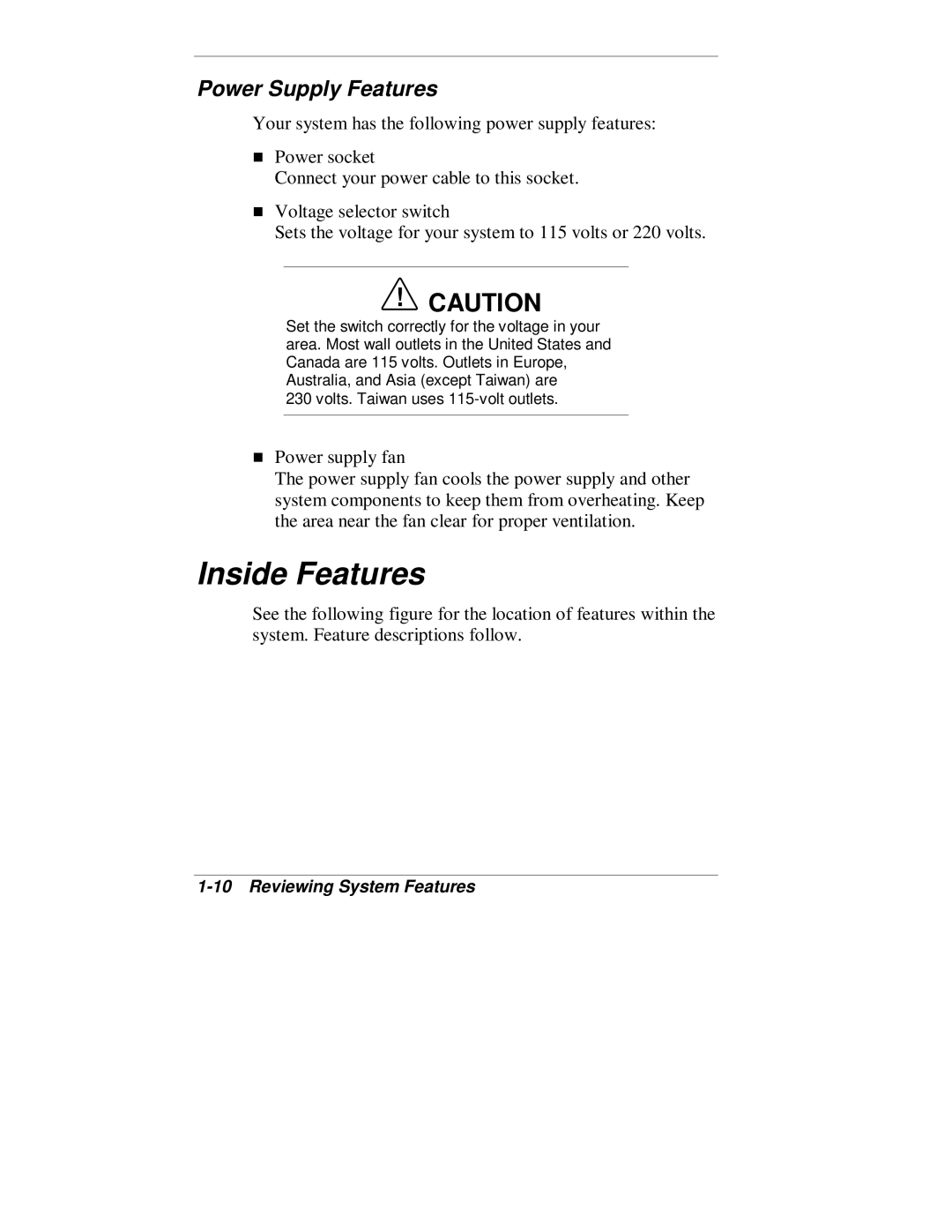 NEC VT 300 Series manual Inside Features, Power Supply Features 