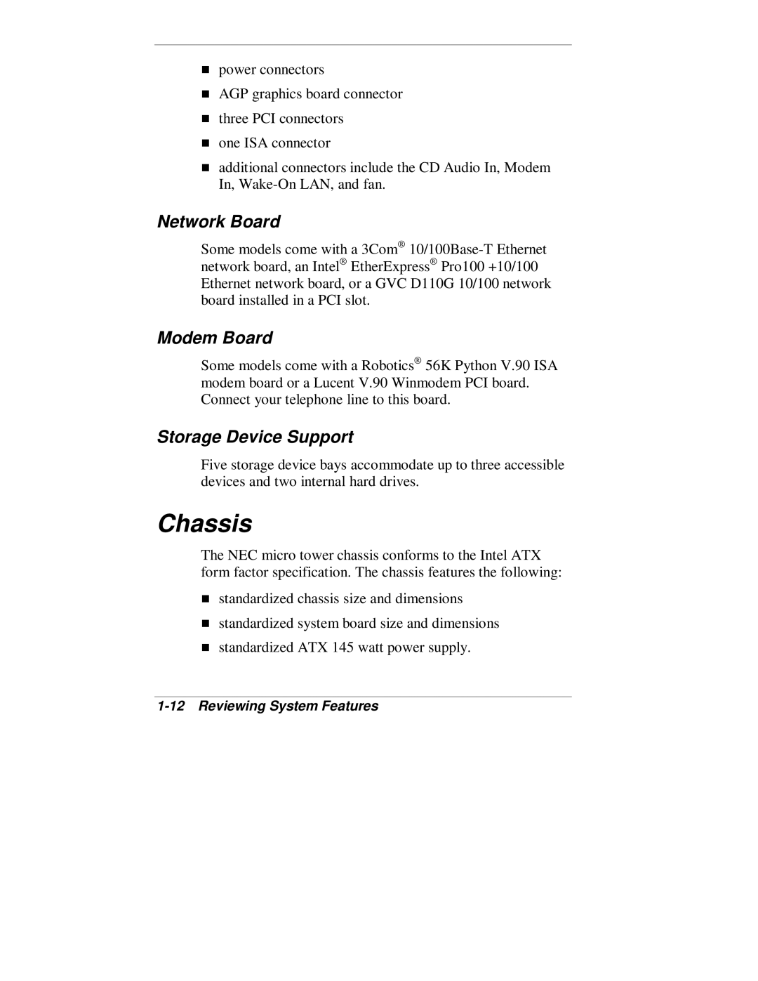 NEC VT 300 Series manual Chassis, Network Board, Modem Board, Storage Device Support 