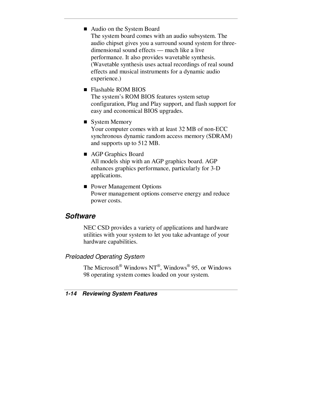 NEC VT 300 Series manual Software, Preloaded Operating System 