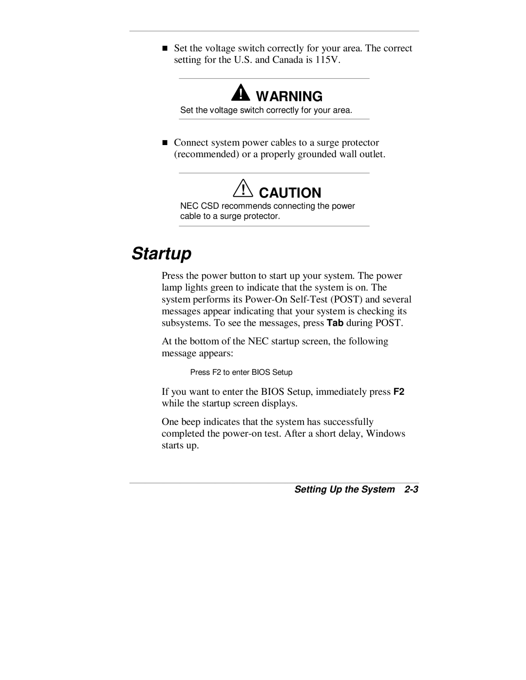 NEC VT 300 Series manual Startup 